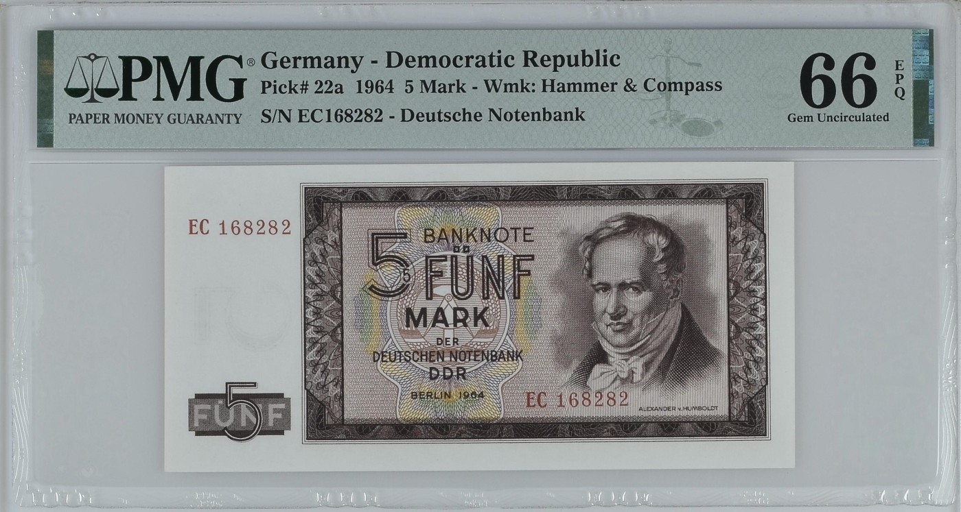 收藏联盟Quantum Auction 第298期拍卖  德国民主国家1964年5马克 PMG66 号码无3457朦胧号