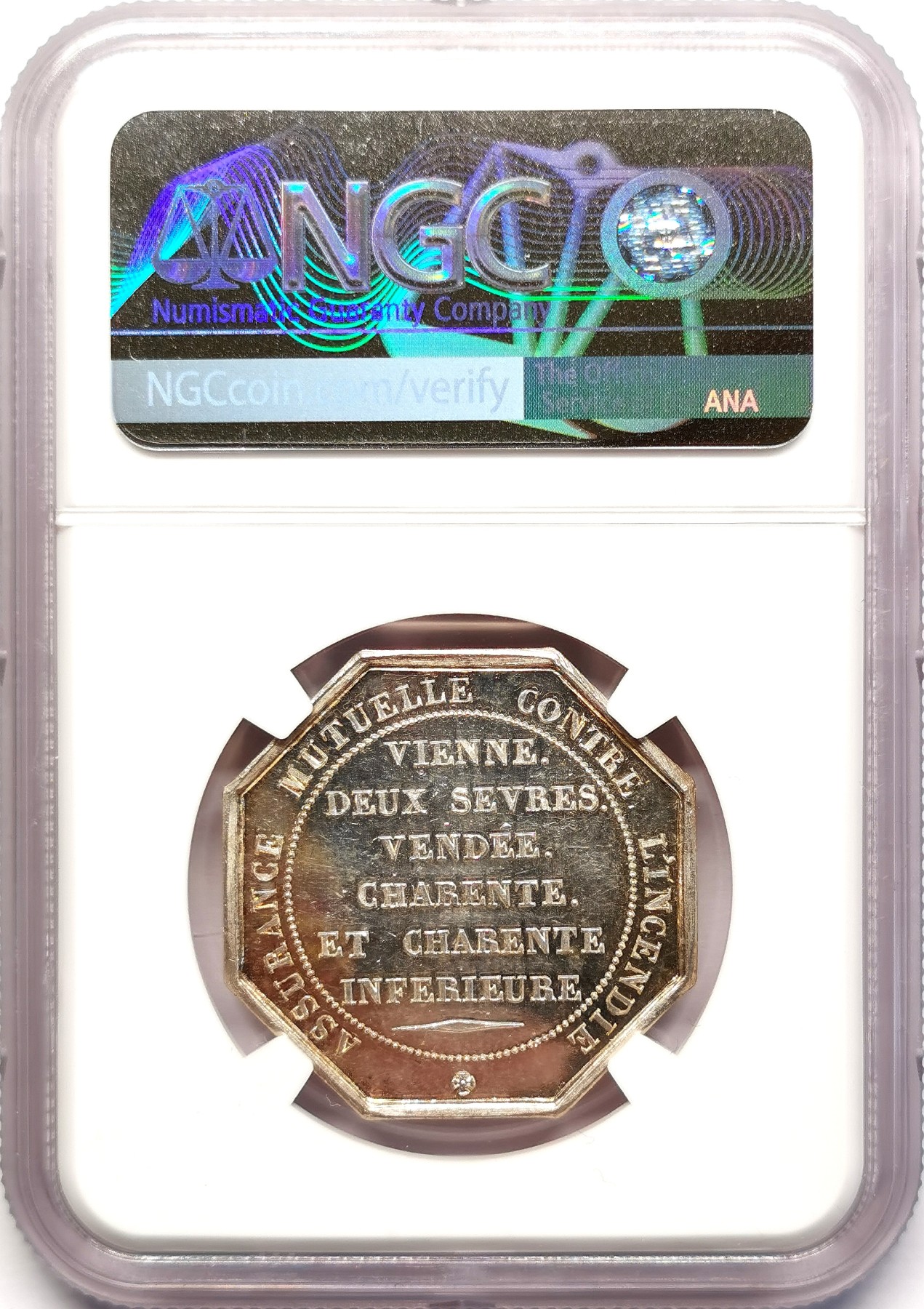 凡希社世界钱币微拍第二百五十一期 1838法国维耶火灾保险八角银章NGC-MS63精铸工艺！