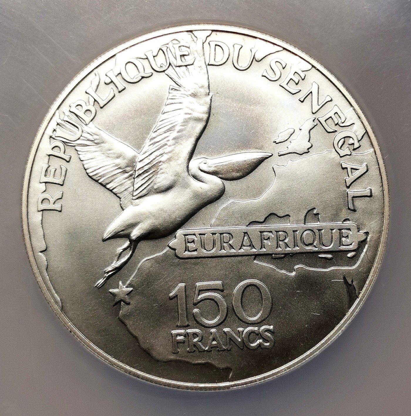 凡希社世界钱币微拍第二百五十一期 1975塞内加尔欧非合作150法郎大银NGC-MS67地图与鸬鹚！