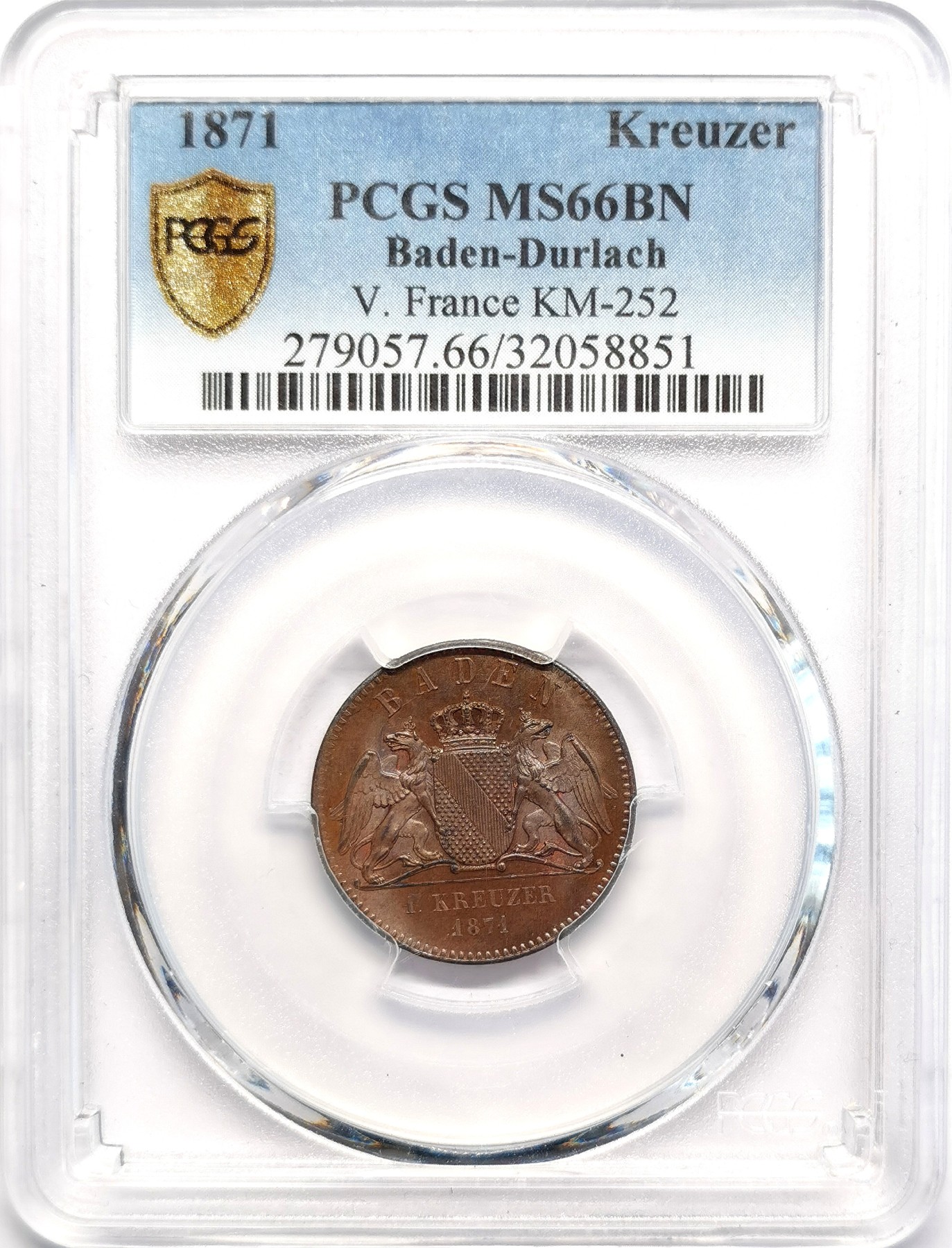 凡希社世界钱币微拍第二百五十一期 1871巴登杜拉赫对法胜利纪念克鲁泽PCGS-MS66高分收藏级！