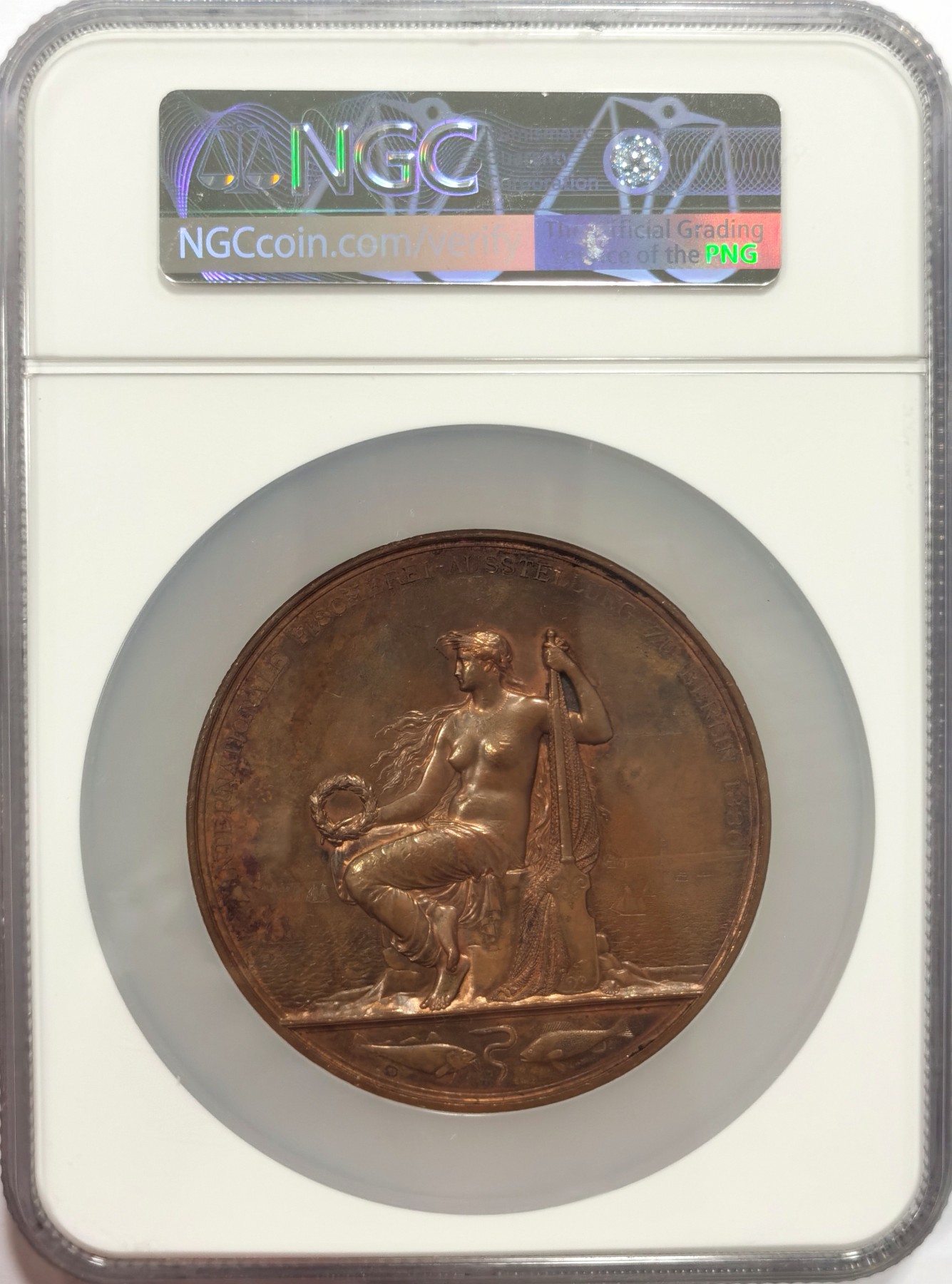 博洋堂世界钱币拍卖第048期（全场包邮） NGC AU58 德国1880年勃兰登堡腓特烈·威廉王储像 柏林渔业博览会纪念大铜章，直径：73mm