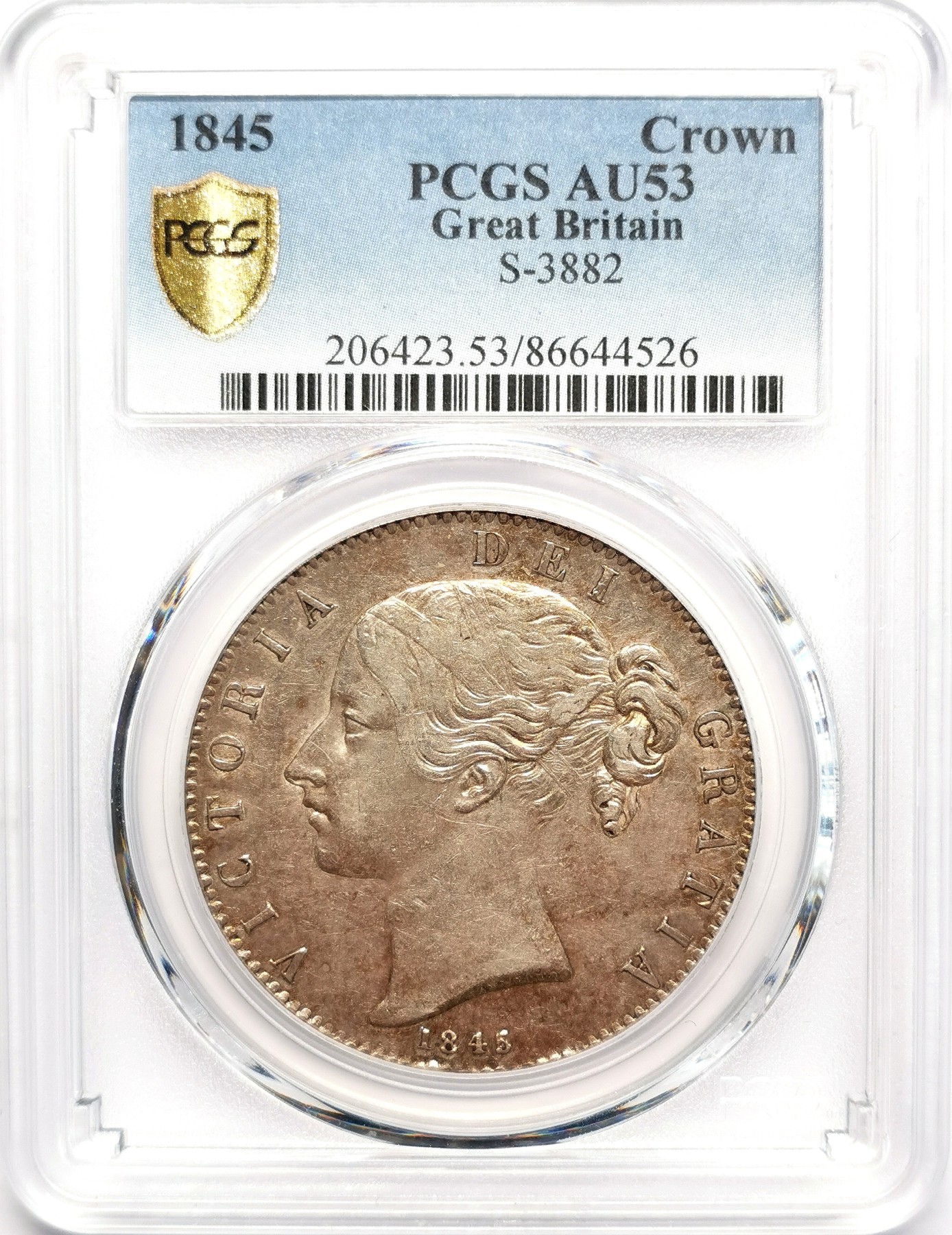 凡希社世界钱币微拍第二百五十一期 1845英国小维青年头像克朗大银PCGS-AU53