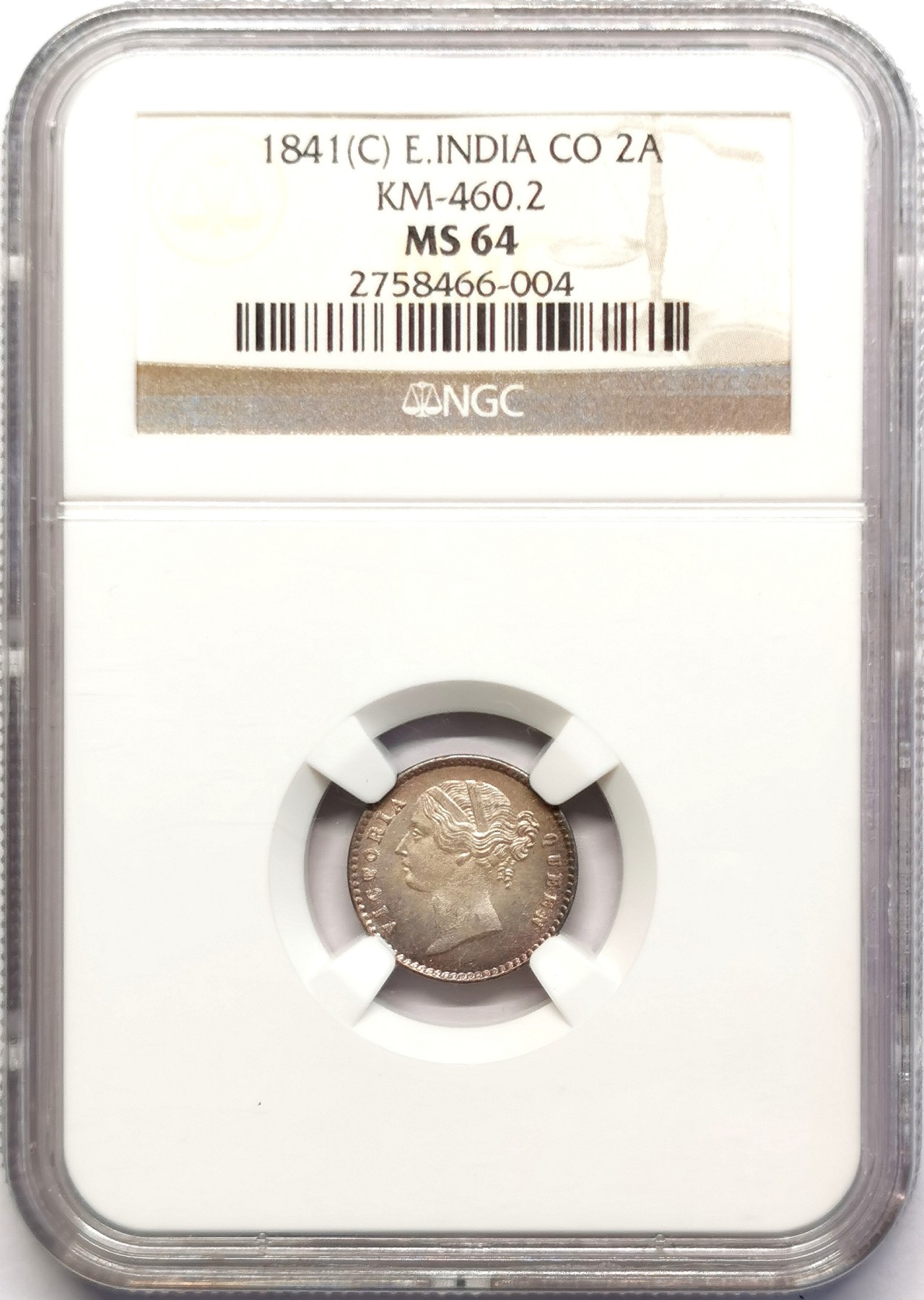 凡希社世界钱币微拍第二百五十一期 荐！1841东印度公司小维2安那银币NGC-MS64本土头像收藏级！