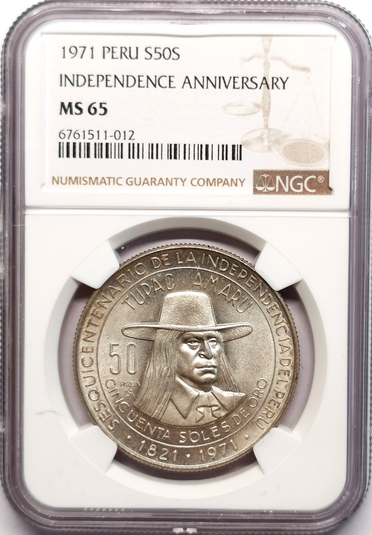 凡希社世界钱币微拍第二百五十一期 1971秘鲁独立纪念50S大银NGC-MS65
