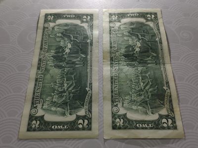 2张~美国2美元(圆圆倒置号88尾)(倒置豹子号999)靓号靓品