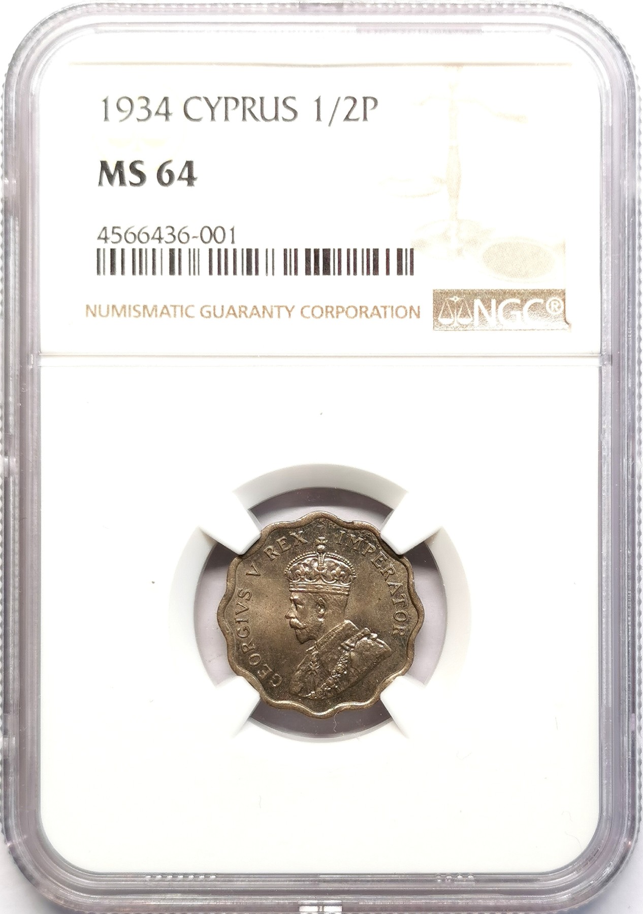 凡希社世界钱币微拍第二百五十一期 1934塞浦路斯乔五1/2P镍币NGC-MS64
