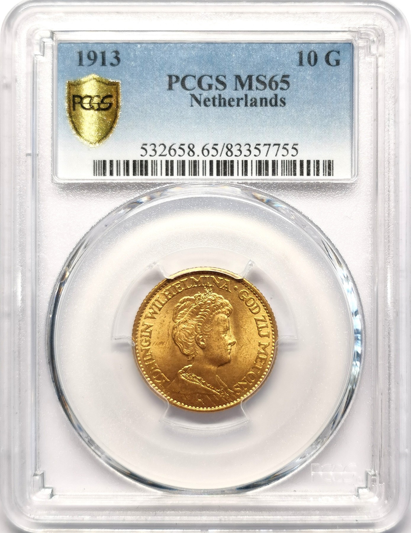 凡希社世界钱币微拍第二百五十一期 1913荷兰威廉敏娜10盾金币PCGS-MS65