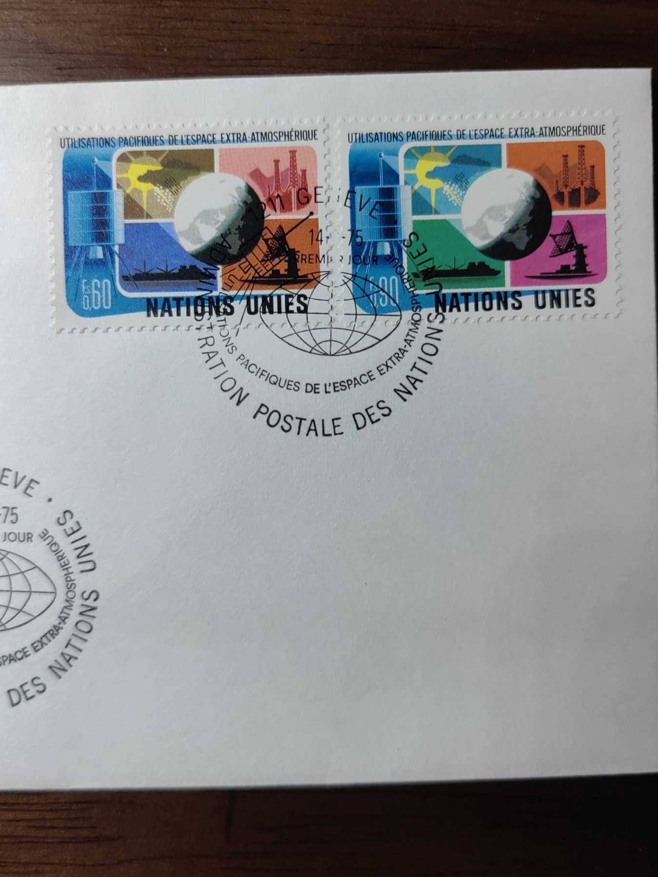外国邮和小本票精品专场（秒杀和拍卖）第①⑥场 联合国1975 日内瓦 和平利用外层空间 卫星 地球 2全 首日封（凹凸印刷非常精美）