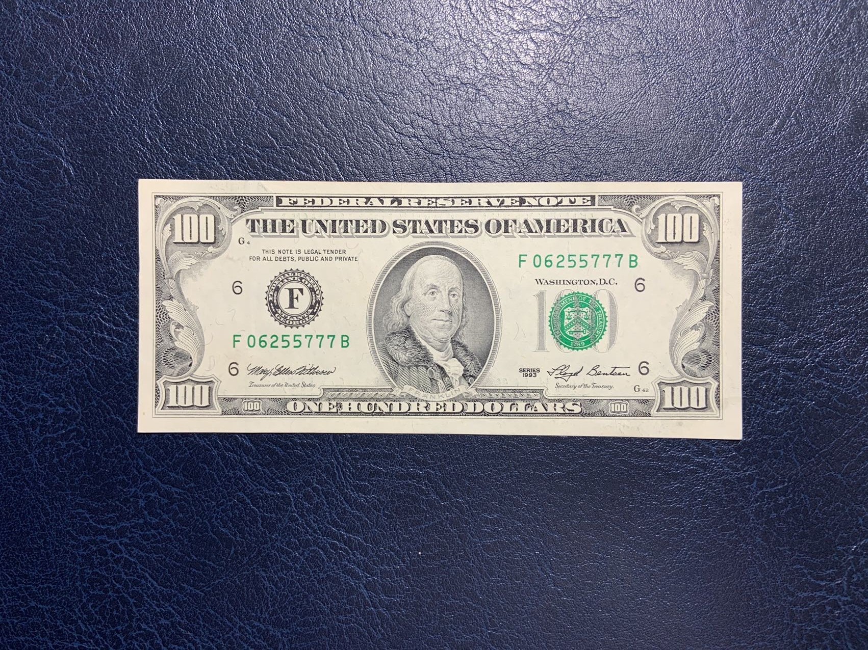 收藏联盟Quantum Auction 第298期拍卖  美国联邦储备券1994年100元 品相AU+ 号码无4 豹子号777