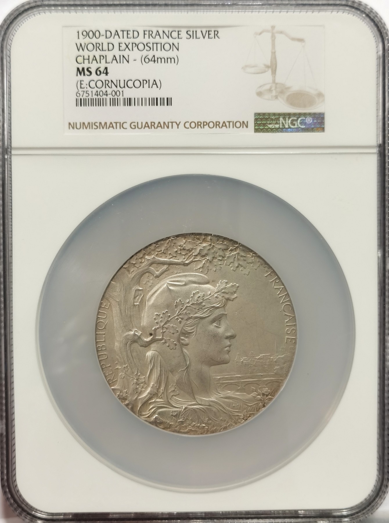 博洋堂世界钱币拍卖第048期（全场包邮） NGC MS64 唯一记录 法国1900年巴黎世博会大银章，直径：63mm，重量：约110克，侧铭：丰饶角+ARGENT，银质版极罕见