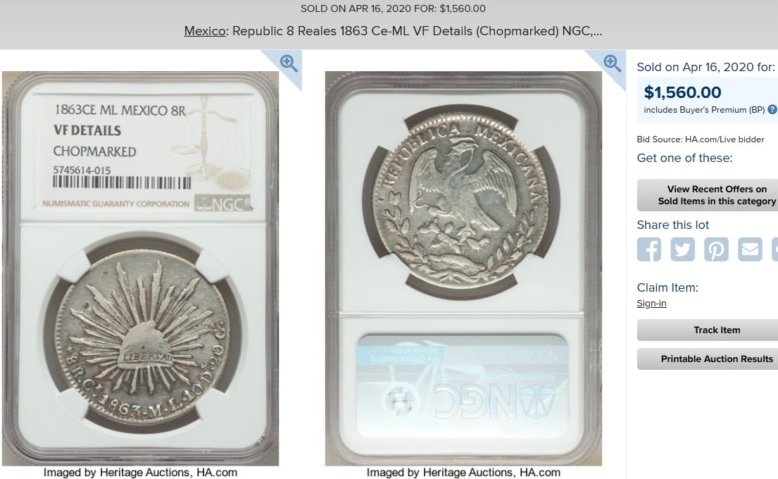 博洋堂世界钱币拍卖第048期（全场包邮） NGC AU 墨西哥1863年CE ML版花边鹰洋，大名誉品，鹰洋14个厂里唯一的只发行了一年的厂，大全套必备