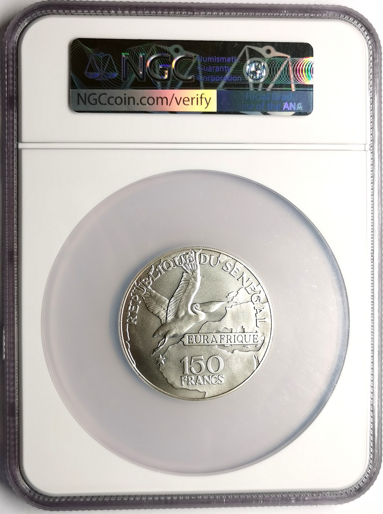 凡希社世界钱币微拍第二百五十一期 1975塞内加尔欧非合作150法郎大银NGC-MS67地图与鸬鹚！