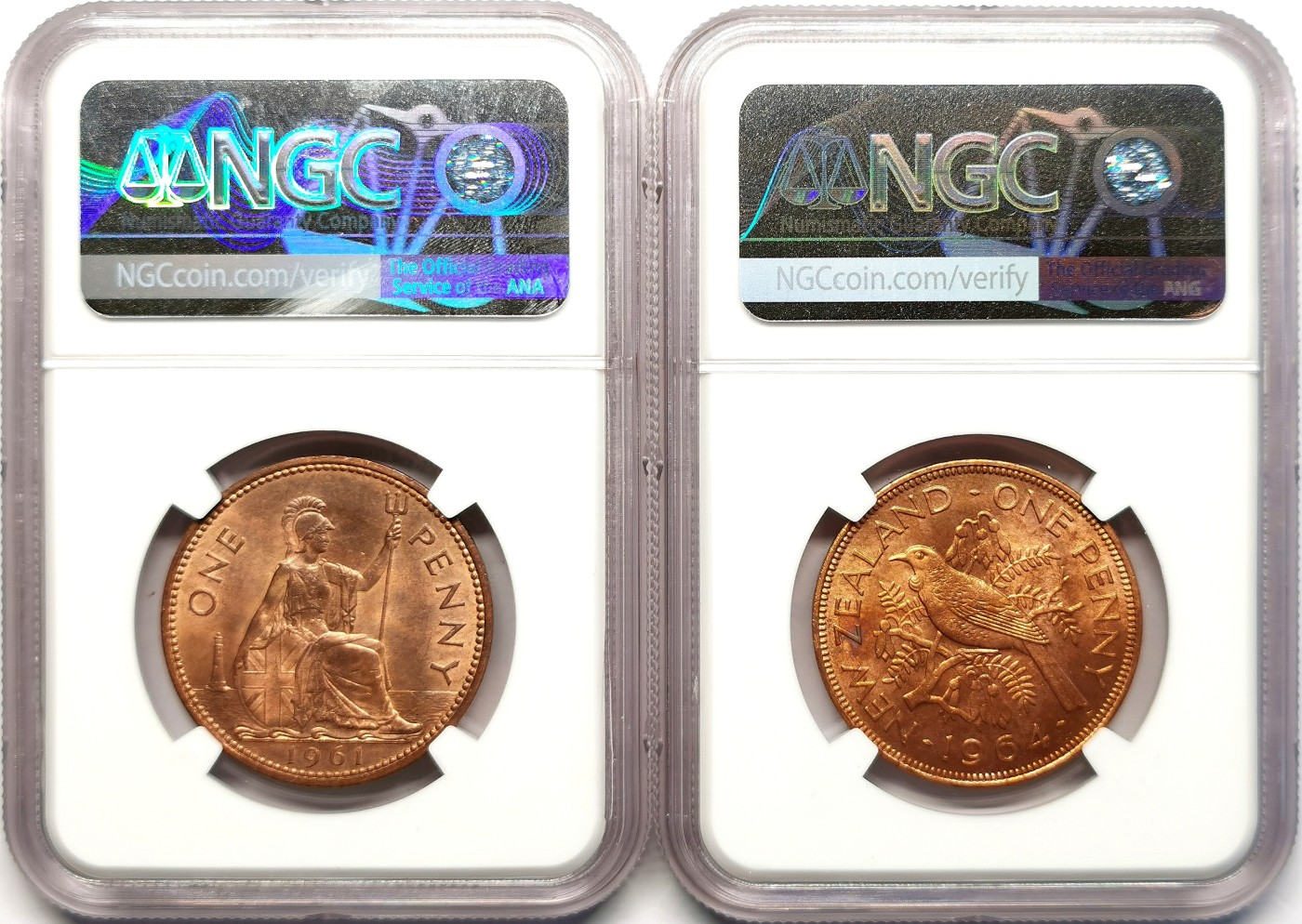 凡希社世界钱币微拍第二百五十一期 英国新西兰便士一对NGC