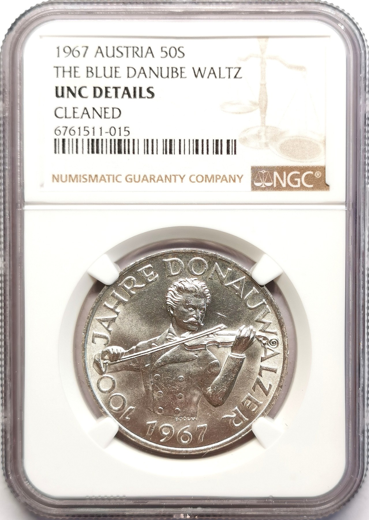 凡希社世界钱币微拍第二百五十一期 1967奥地利蓝色多瑙河50先令纪念银币NGC-UNCD
