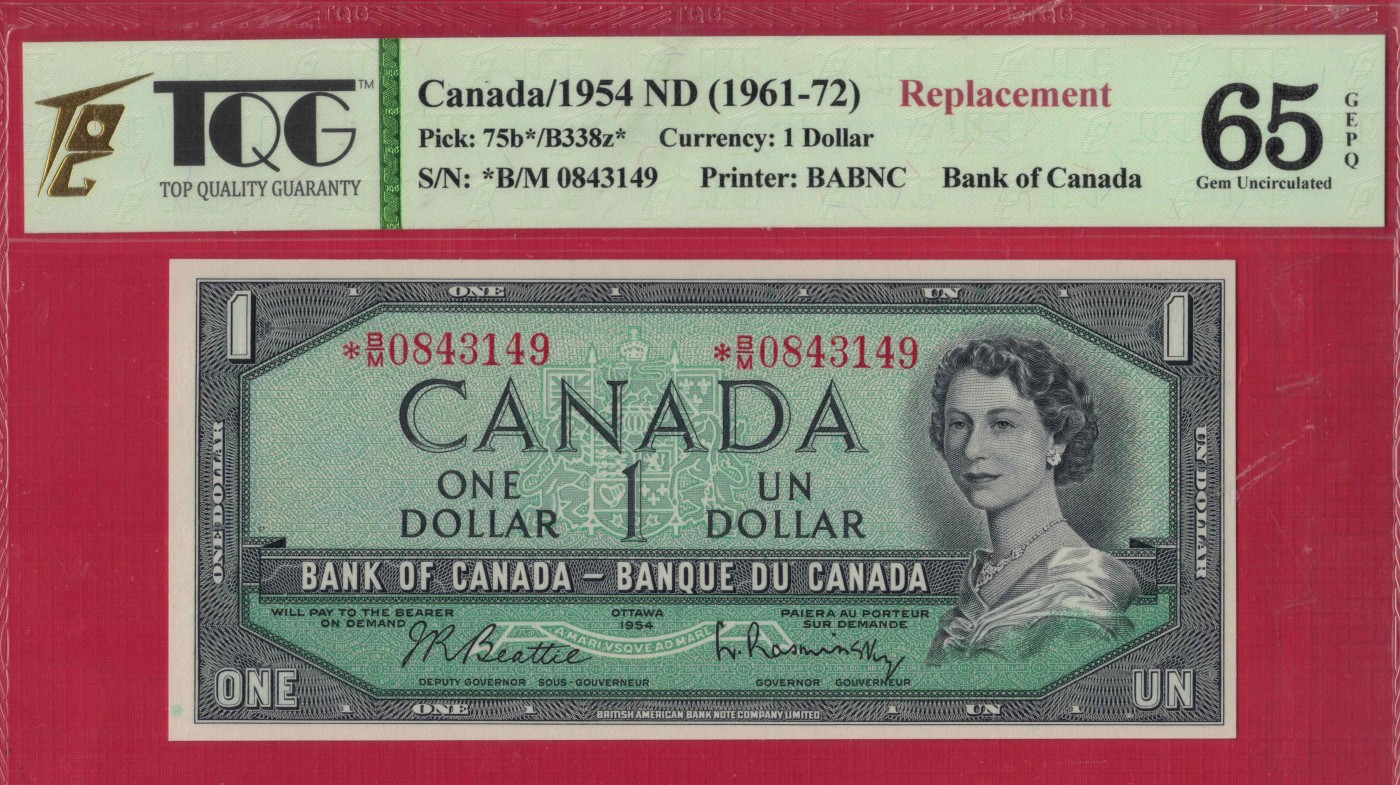 加拿大1元 1954年(1961年至1972年) P-75b* 补号钞(有*号) 美洲纸币 实物图 UNC