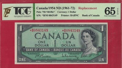 加拿大1元 1954年(1961年至1972年) P-75b* 补号钞(有*号) 美洲纸币 实物图 UNC - 加拿大1元 1954年(1961年至1972年) P-75b* 补号钞(有*号) 美洲纸币 实物图 UNC