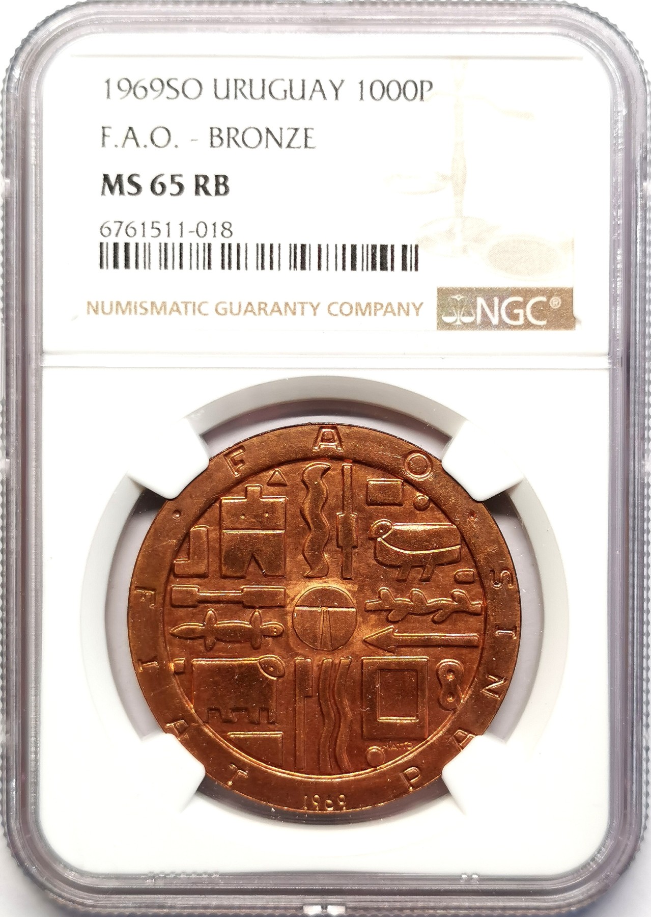 凡希社世界钱币微拍第二百五十一期 1969乌拉圭FAO1000比索大铜NGC-MS65
