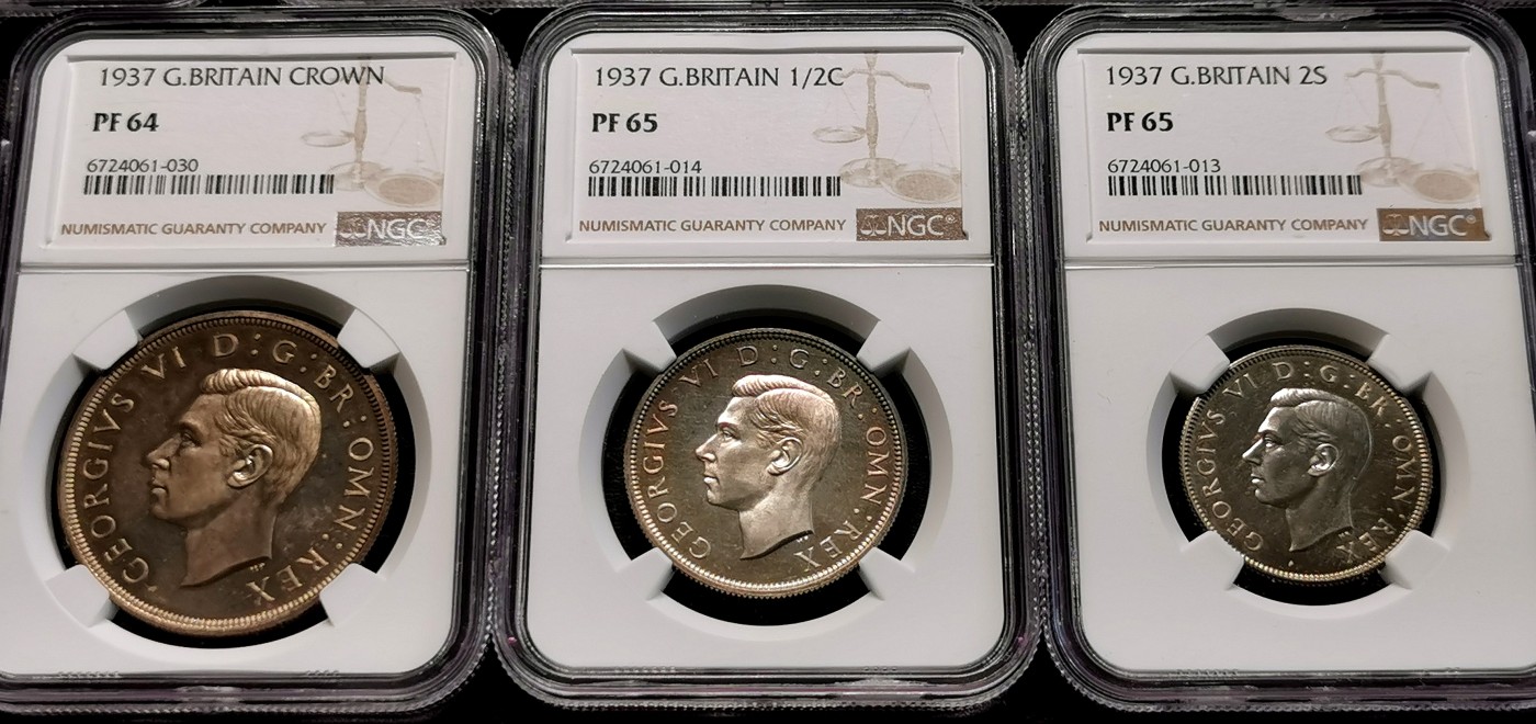 凡希社世界钱币微拍第二百五十一期 1937英国乔治六世精铸PS十五枚NGC评级 原盒状态上佳！