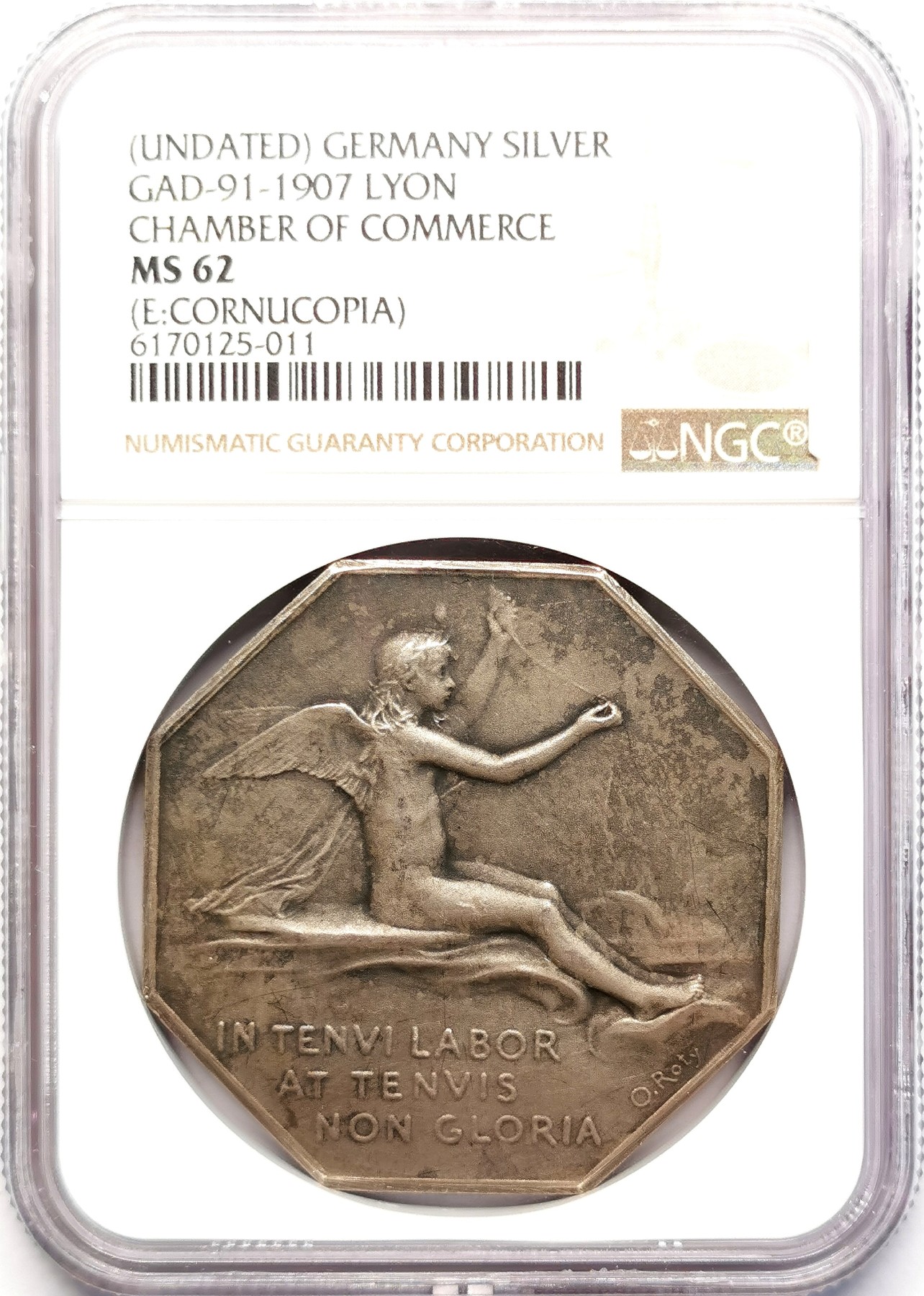 凡希社世界钱币微拍第二百五十一期 十九世纪法国纺织协会八角银章NGC-MS62 Roty作品！