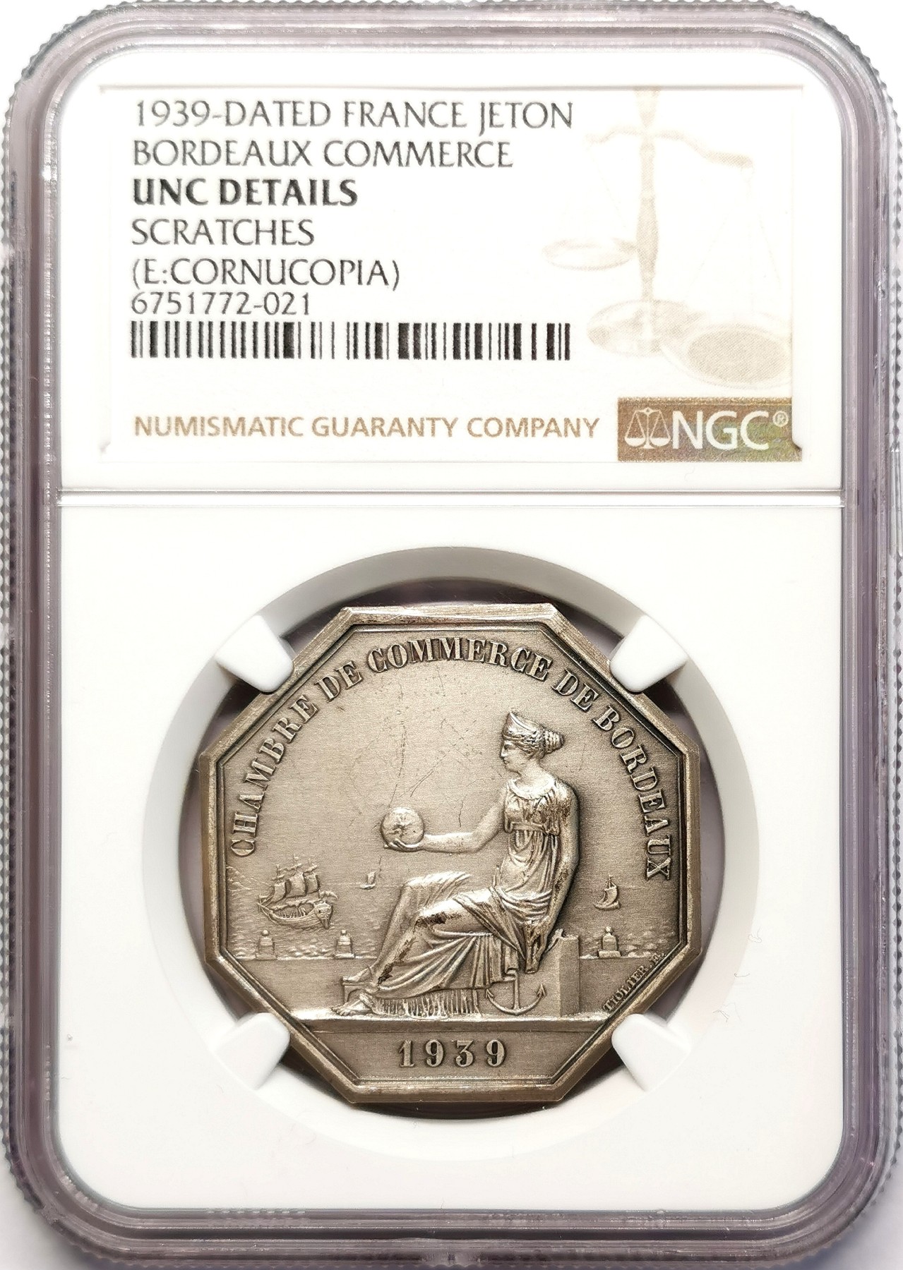 凡希社世界钱币微拍第二百五十一期 1939法国波尔多商业八角银章NGC-UNCD