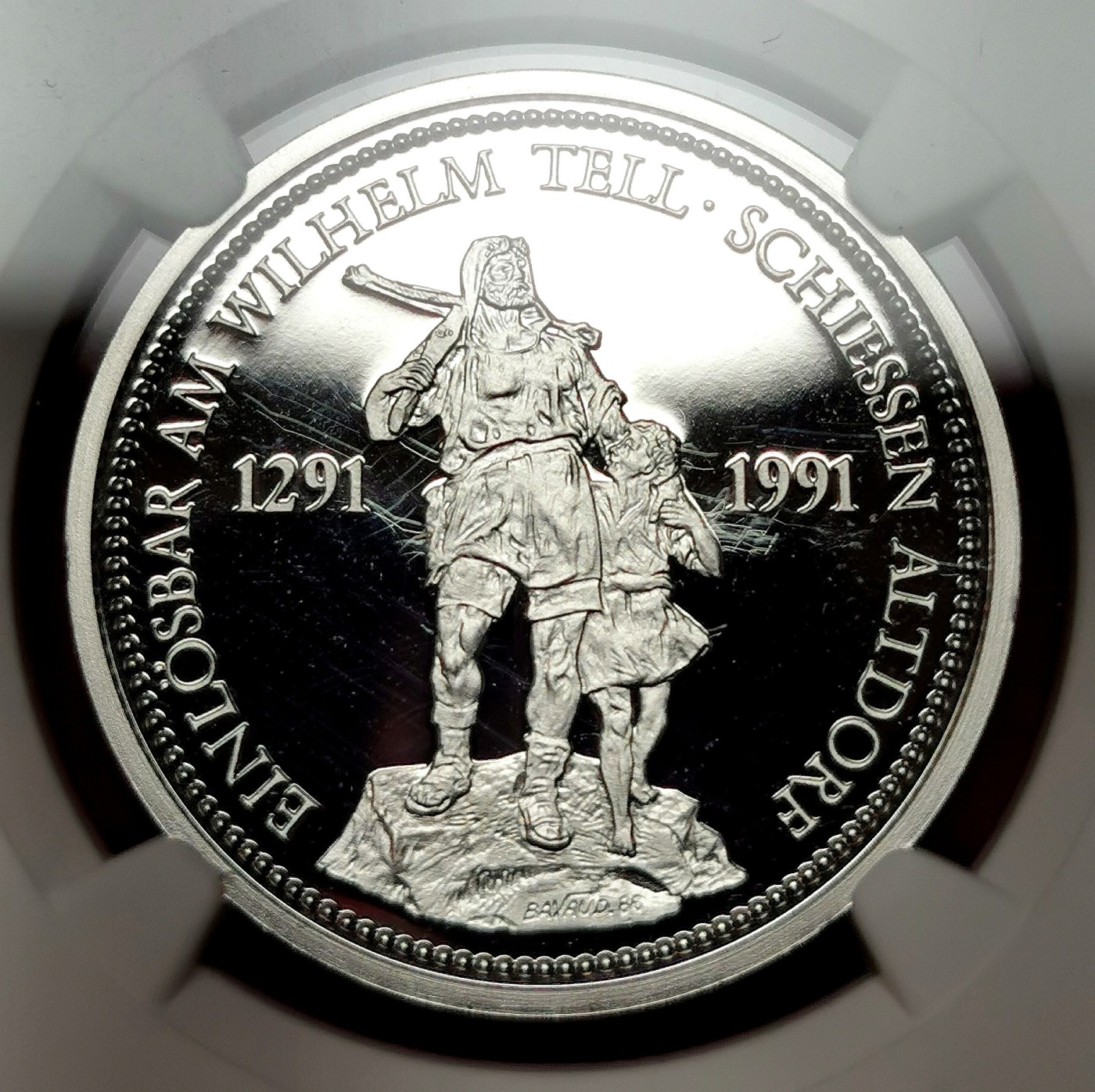 凡希社世界钱币微拍第二百五十一期 稀！1986瑞士射击节威廉退尔100法郎铂金1盎司NGC-PF69UC经典人物顶级品相！
