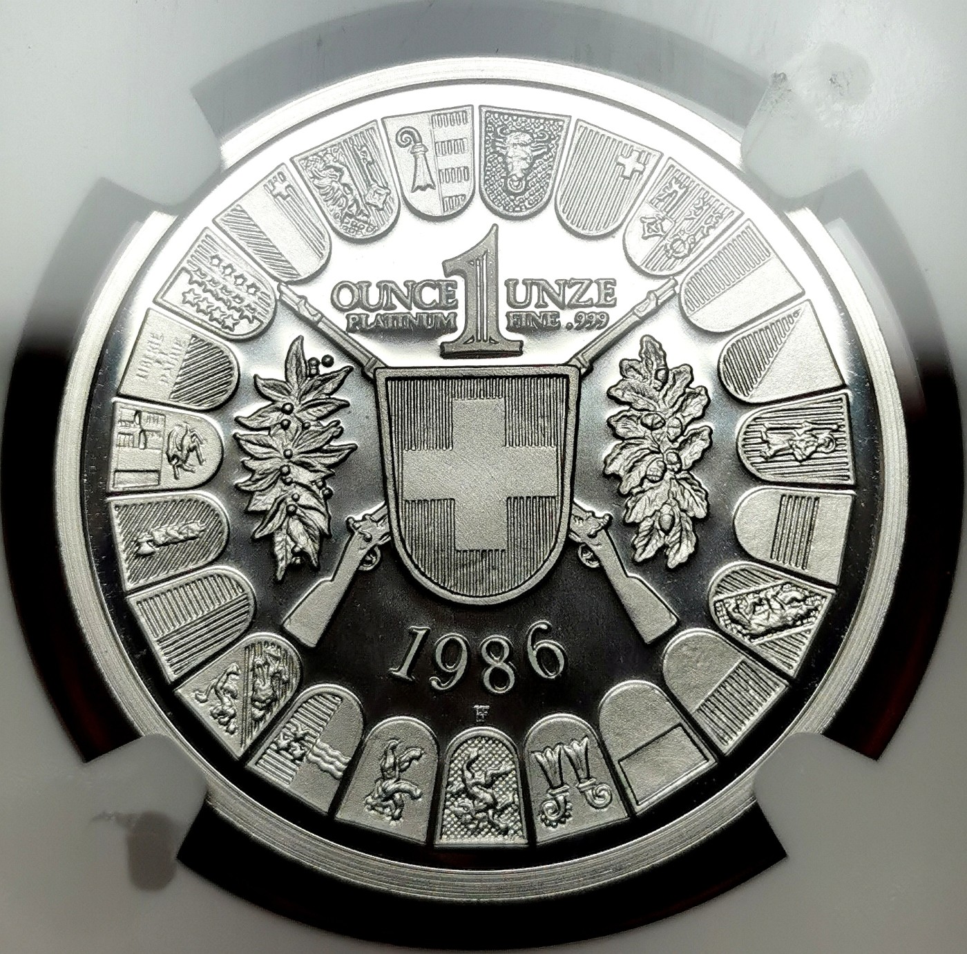 凡希社世界钱币微拍第二百五十一期 稀！1986瑞士射击节威廉退尔100法郎铂金1盎司NGC-PF69UC经典人物顶级品相！