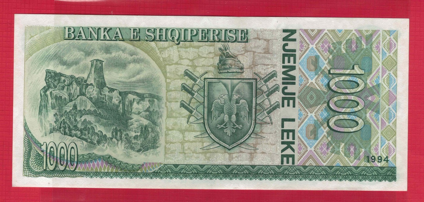 阿尔巴尼亚1000列克 1994年 无47 00双尾 欧洲纸币 实物如图 UNC