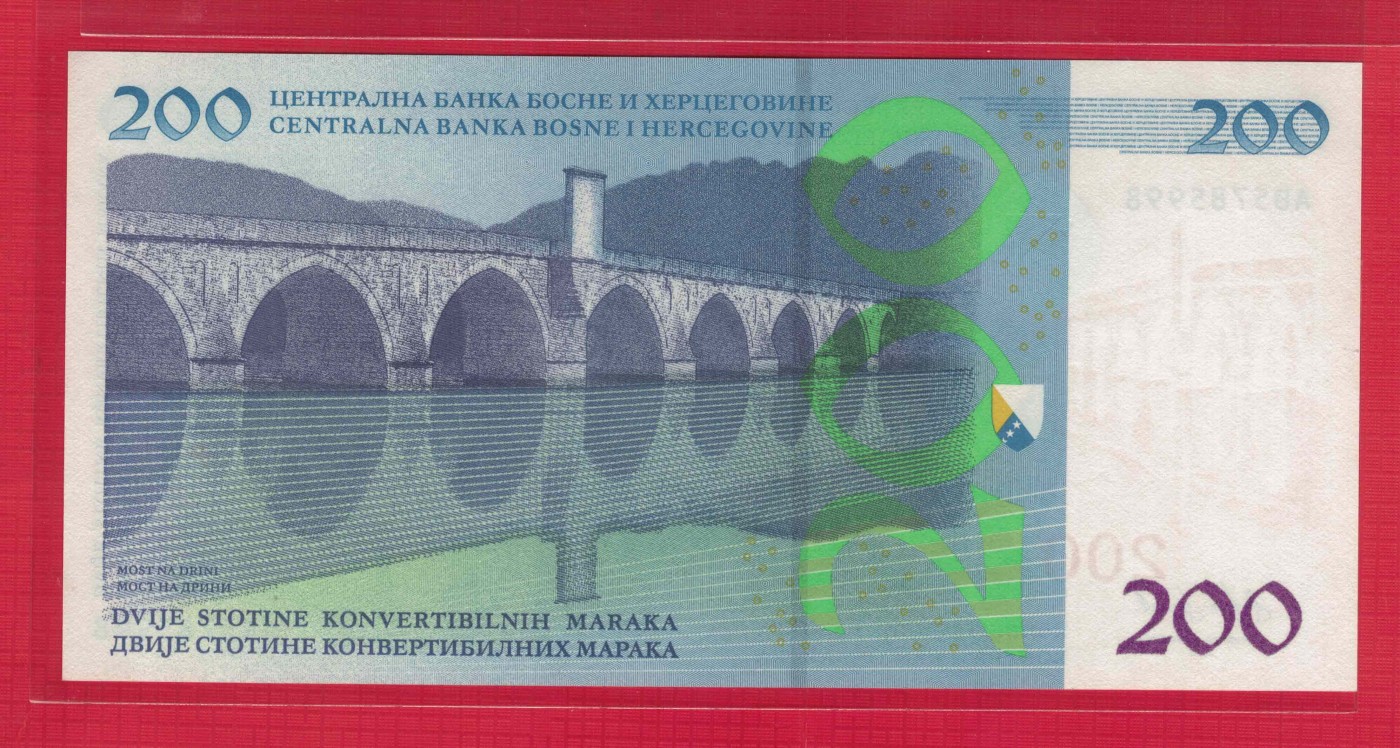 波黑200克朗 2022年 无4 尾998 欧洲纸币 实物图 UNC