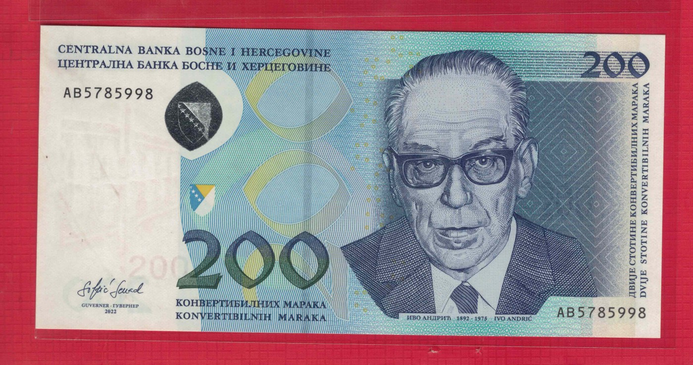 波黑200克朗 2022年 无4 尾998 欧洲纸币 实物图 UNC