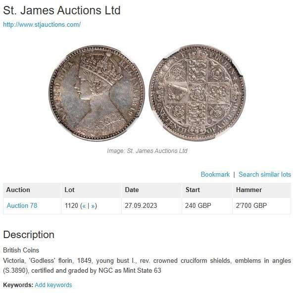 凡希社世界钱币微拍第二百五十一期 荐！1849英国小维无神佛罗林NGC-MS63淡色金彩实物非常养眼！