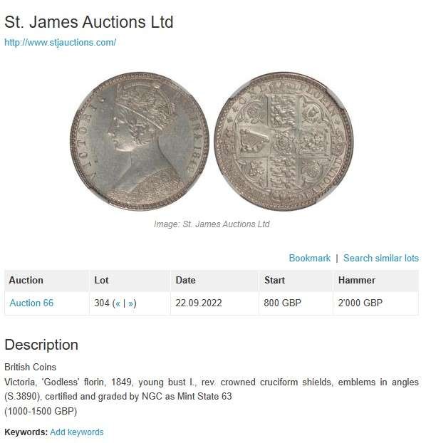 凡希社世界钱币微拍第二百五十一期 荐！1849英国小维无神佛罗林NGC-MS63淡色金彩实物非常养眼！