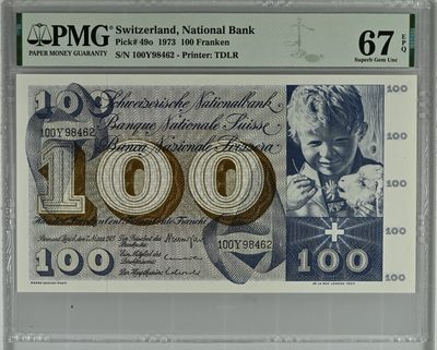 收藏联盟Quantum Auction 第298期拍卖  - 瑞士1973年100法郎 PMG67 圣马丁割袍