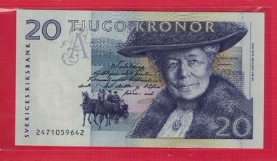 瑞典1992年20克朗 号码开头数字为2 P-61 欧洲纸币 实物图 UNC - 瑞典1992年20克朗 号码开头数字为2 P-61 欧洲纸币 实物图 UNC
