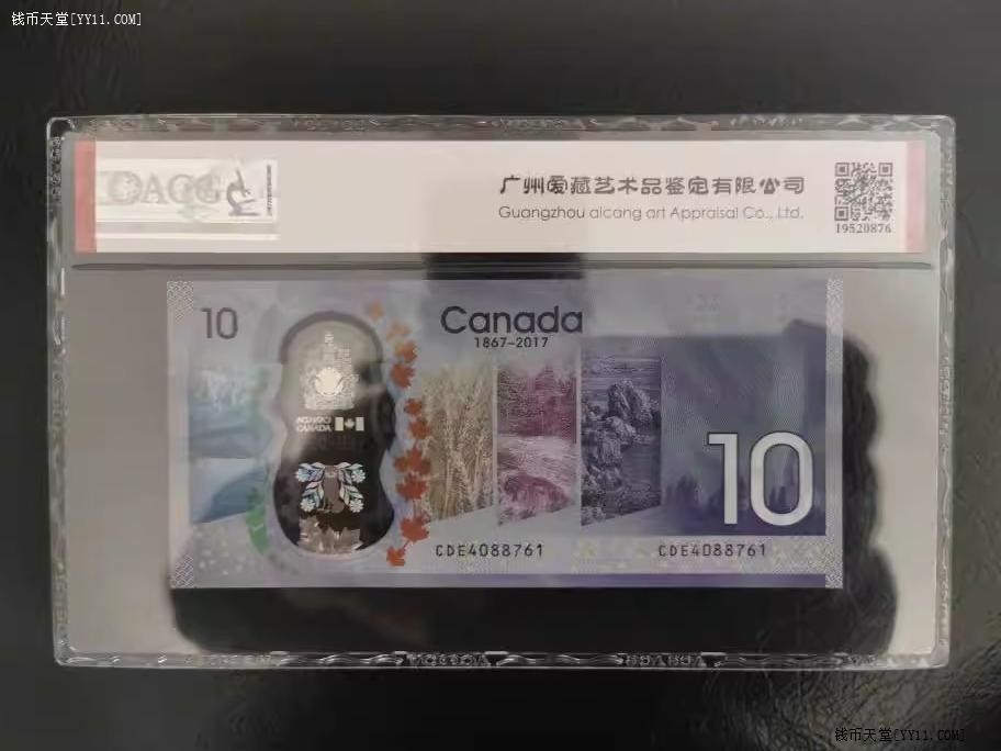 加拿大10元 2017年 纪念钞 塑料钞 美洲币 实物如图 UNC 68分有黑星