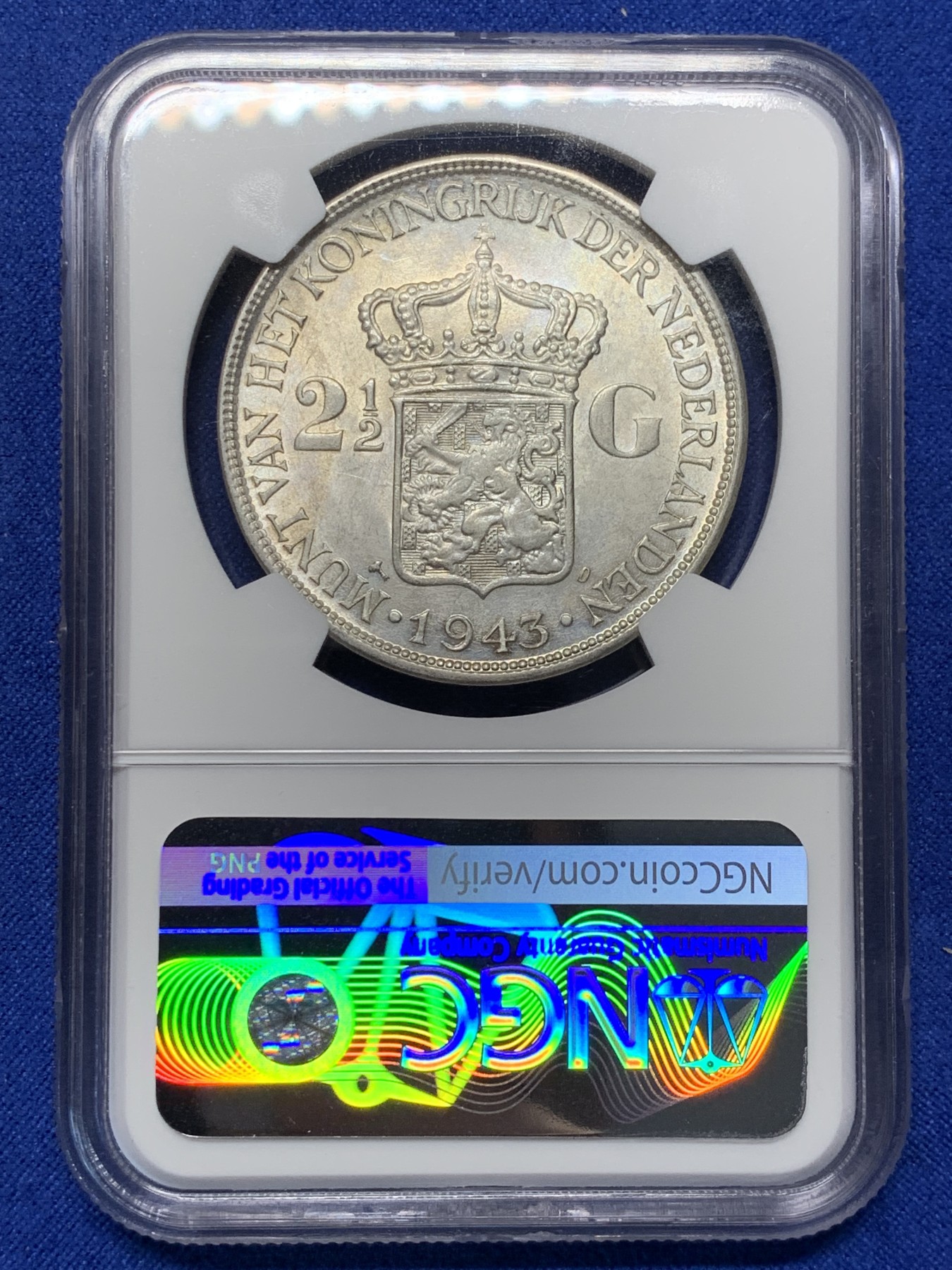 《竞宝斋》第208场-周日，周一 2场 (全场包邮) NGC MS63 荷属东印度1943D 2.5盾银币 殖民地必藏