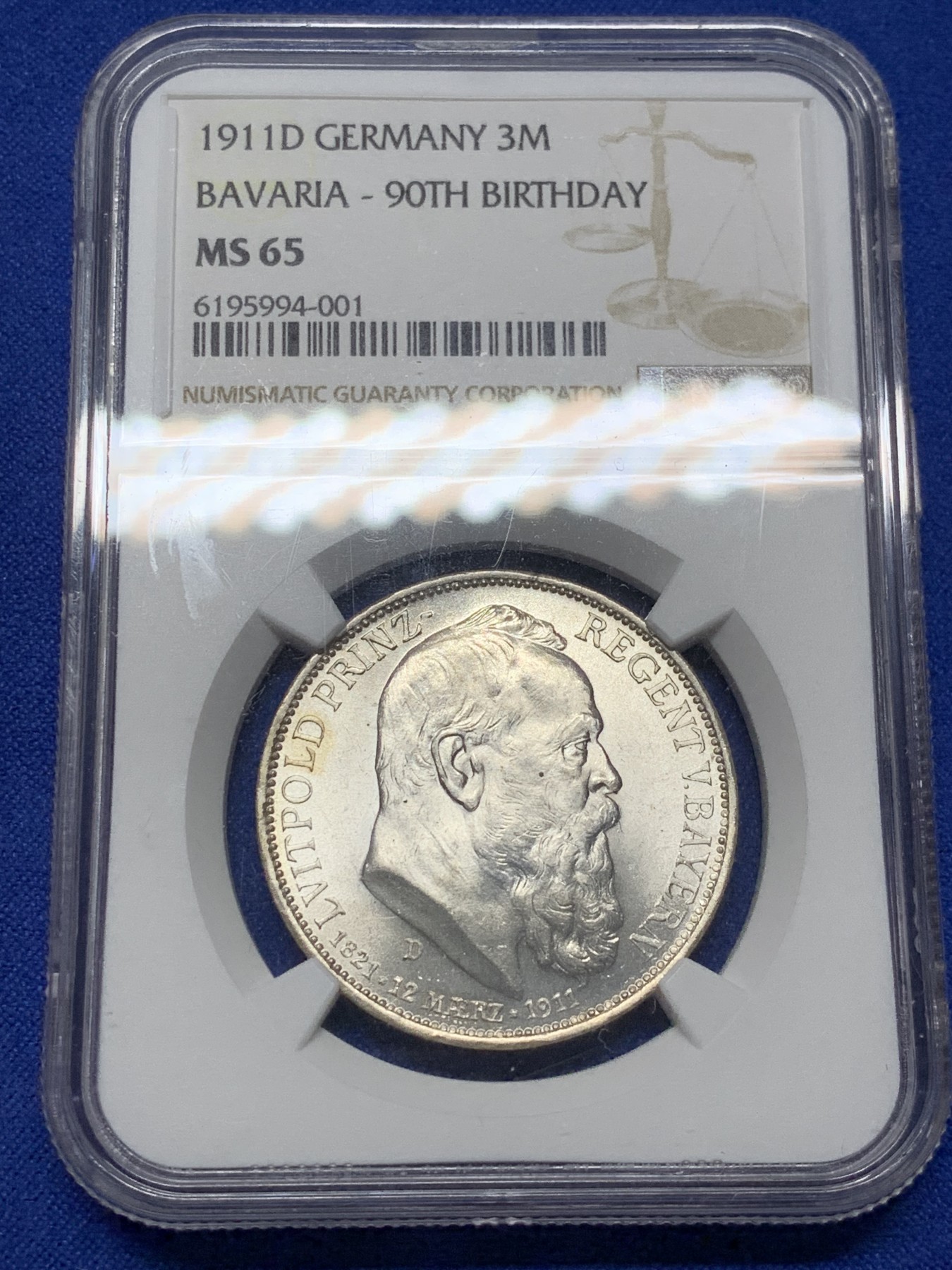 《竞宝斋》第208场-周日，周一 2场 (全场包邮) NGC-MS65 德国 巴伐利亚 1911年 摄政王利奥波德 90大寿纪念 3马克银币 状态好