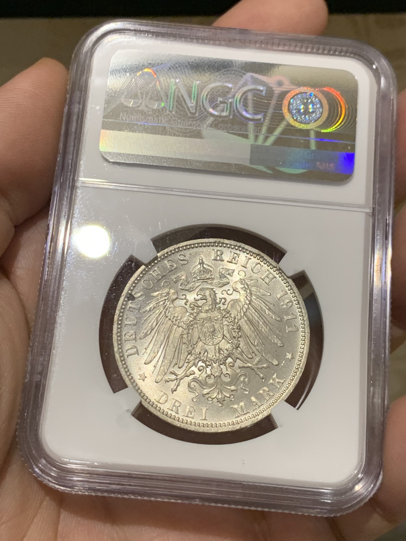 《竞宝斋》第208场-周日，周一 2场 (全场包邮) NGC-MS65 德国 巴伐利亚 1911年 摄政王利奥波德 90大寿纪念 3马克银币 状态好