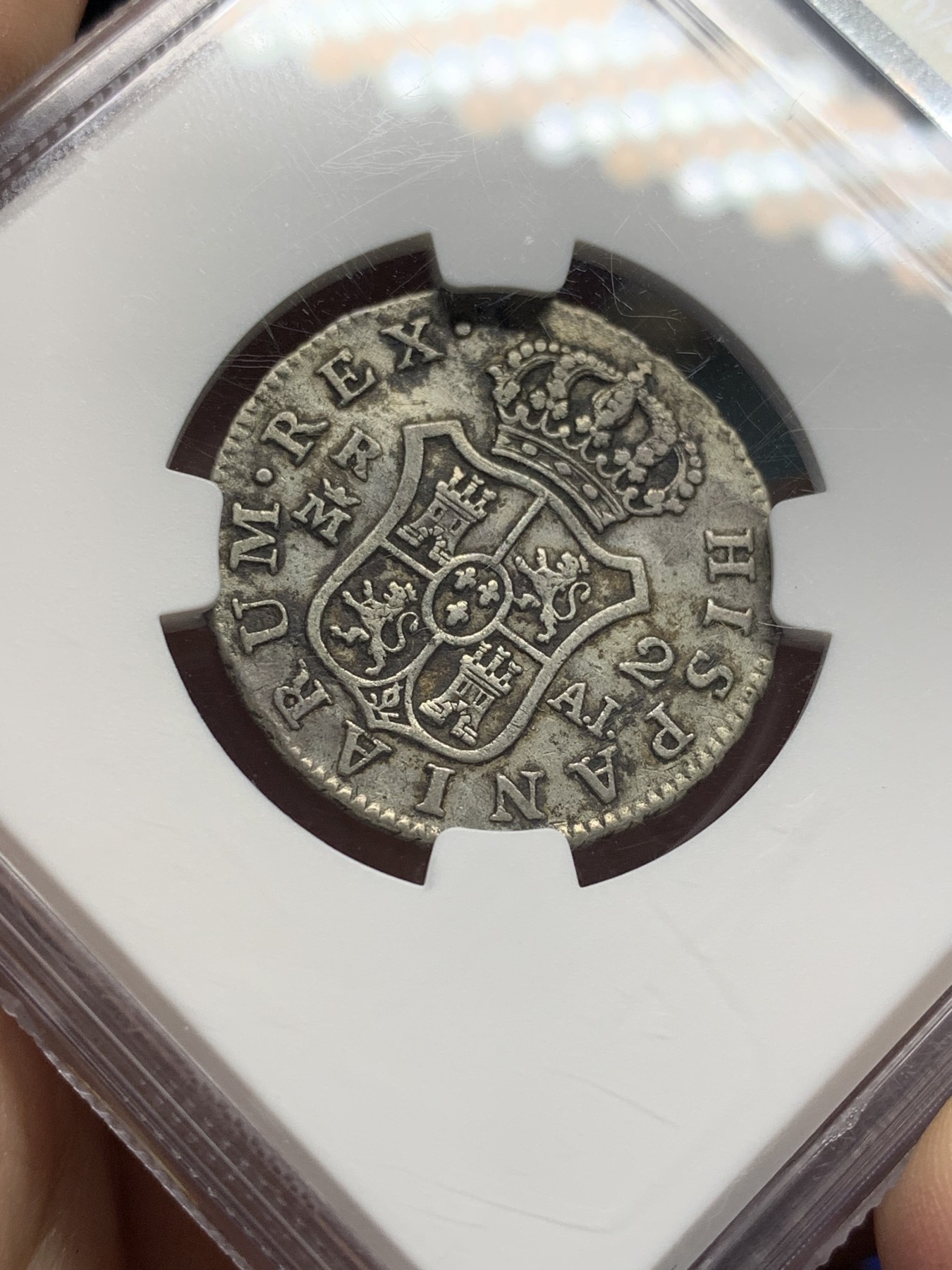 《竞宝斋》第208场-周日，周一 2场 (全场包邮) NGC VF 1808年西班牙本土卡四2R银币，磨损均匀，盾徽清晰，较少见