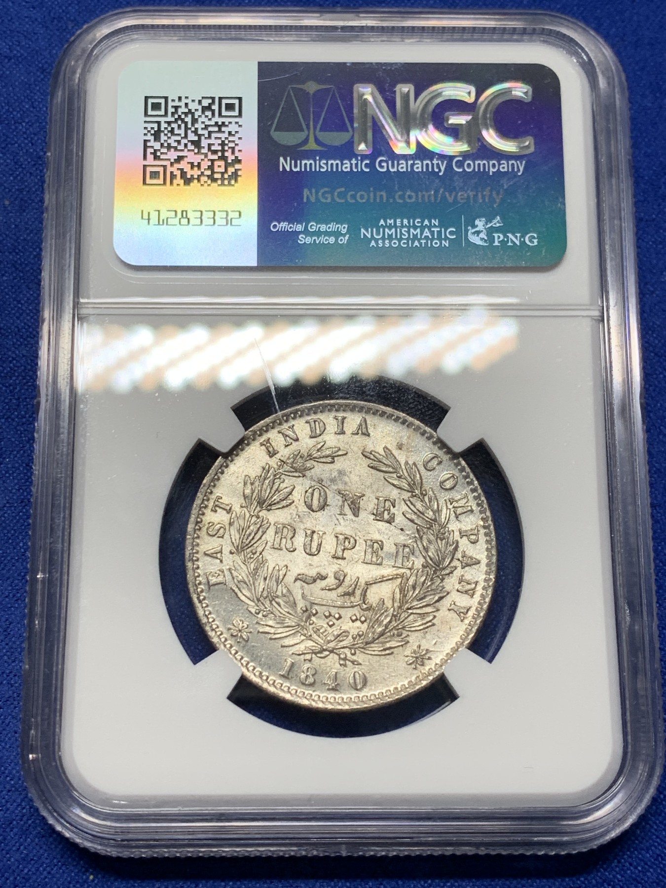 《竞宝斋》第208场-周日，周一 2场 (全场包邮) NGC-MS62 英属东印度公司1840年维多利亚双辫1卢比银币 MS品稀少