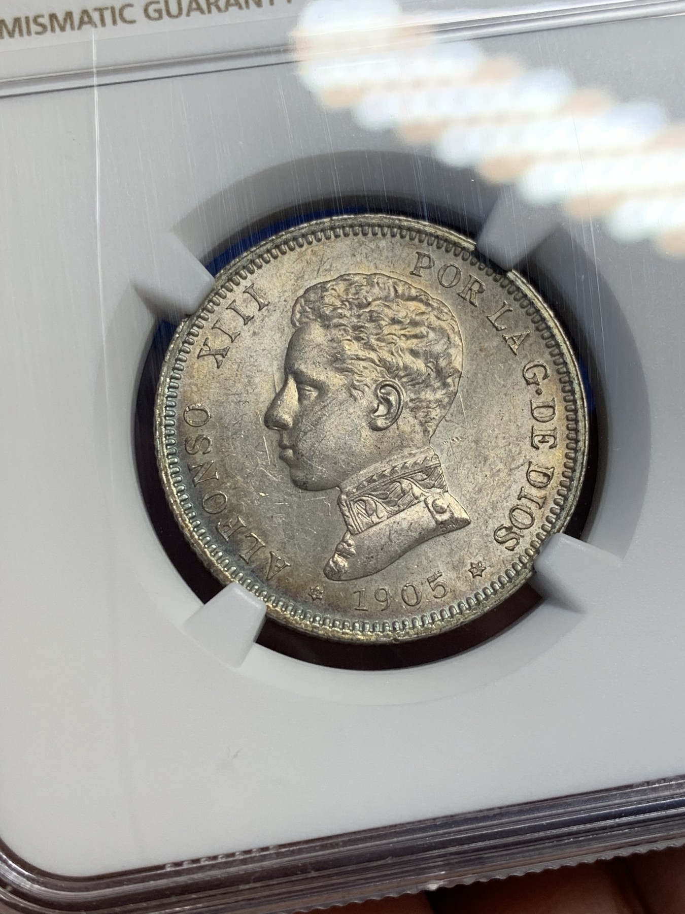 《竞宝斋》第208场-周日，周一 2场 (全场包邮) NGC-AU58 西班牙1905阿方索十三世2比塞塔银币