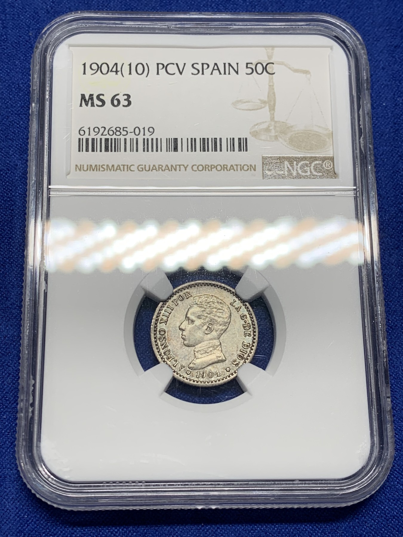 《竞宝斋》第208场-周日，周一 2场 (全场包邮) NGC-MS63 西班牙1904 阿方索十三世 50C 银币