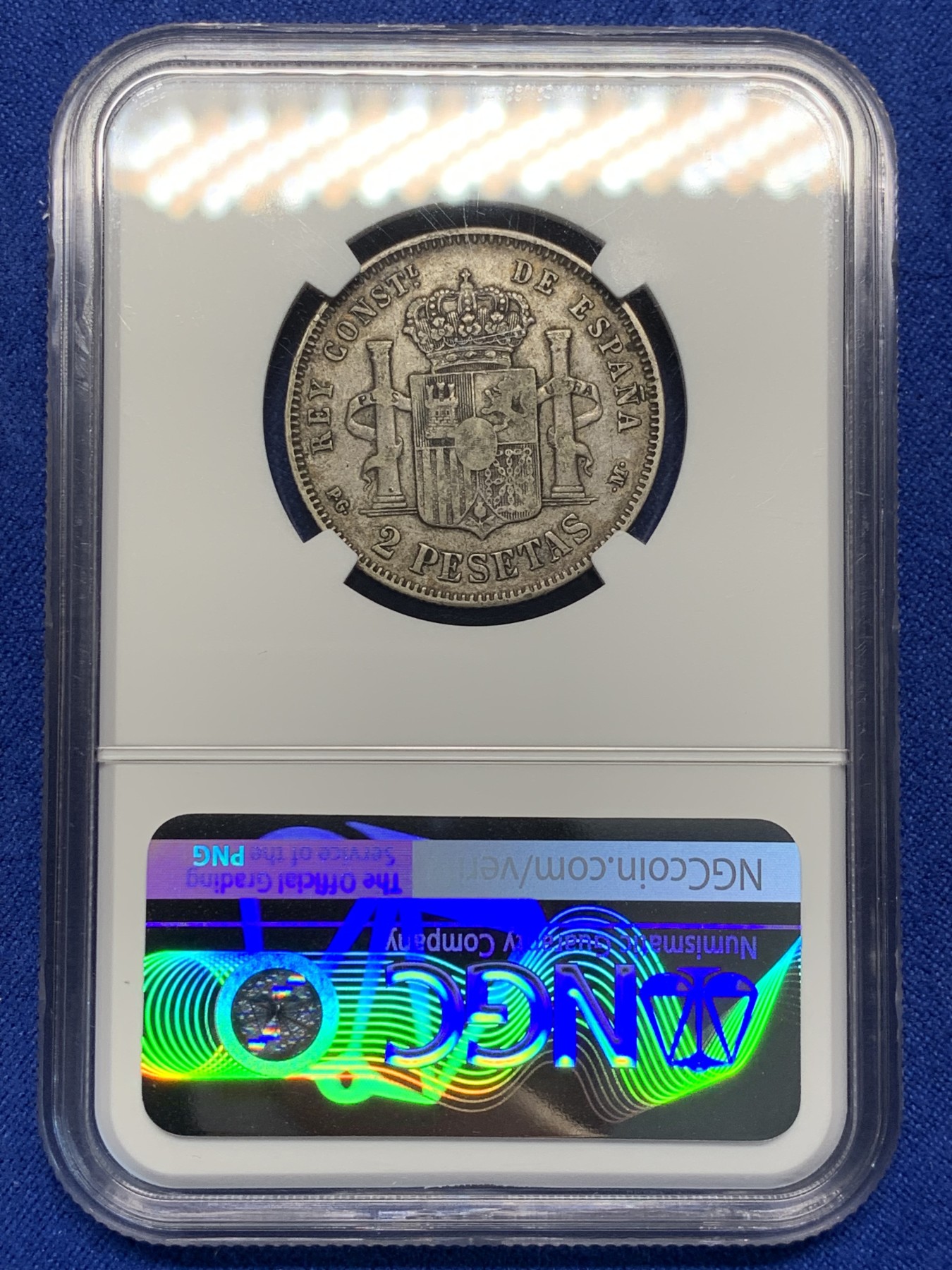 《竞宝斋》第208场-周日，周一 2场 (全场包邮) NGC-XF40 西班牙 1892年阿方索十三世光头版2比塞塔双柱银币 娃娃头 比5比塞塔少不少