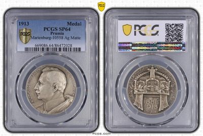 PCGS冠军分SP64，德国威廉二世登基25周年纪念银章，精美。 1913 Medal Marienburg-10558 Ag Matte (Special Strike) - PCGS冠军分SP64，德国威廉二世登基25周年纪念银章，精美。 1913 Medal Marienburg-10558 Ag Matte (Special Strike)