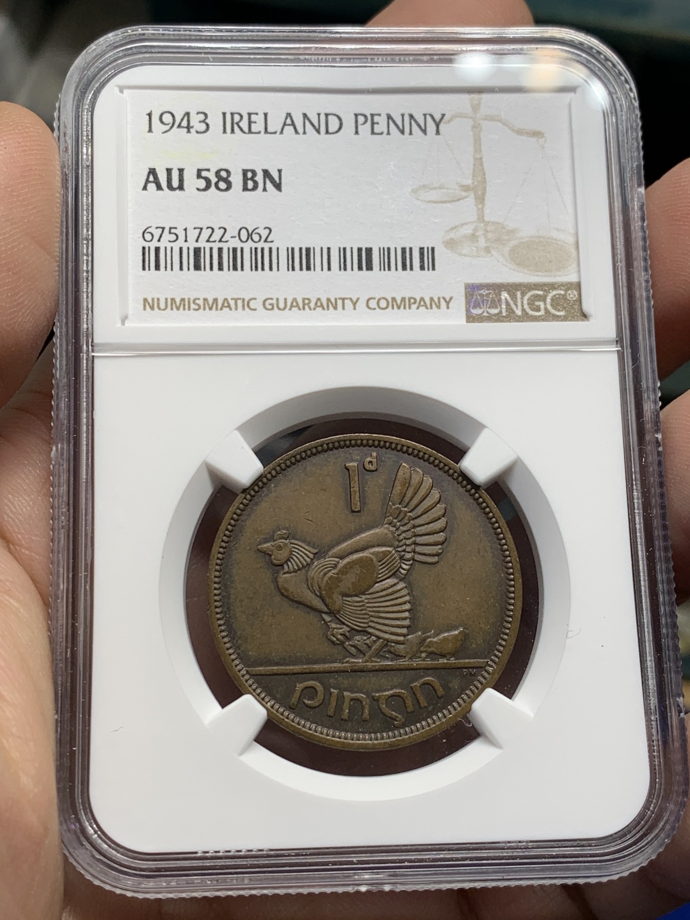 《竞宝斋》第208场-周日，周一 2场 (全场包邮) NGC AU58 1943年爱尔兰1便士铜币