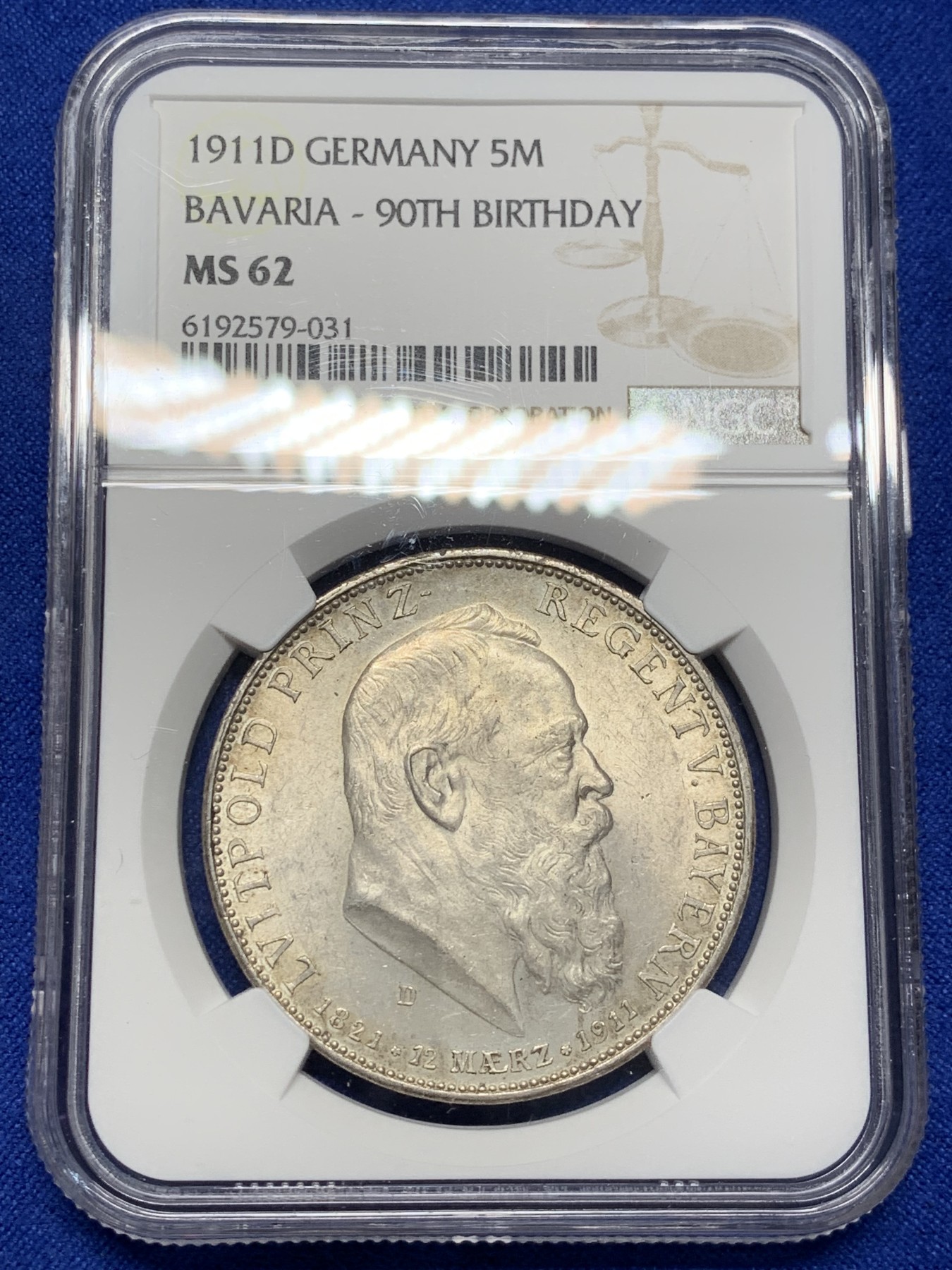 《竞宝斋》第208场-周日，周一 2场 (全场包邮) NGC-MS62 德国 巴伐利亚 1911年 摄政王利奥波德 90大寿纪念 5马克银币 状态好