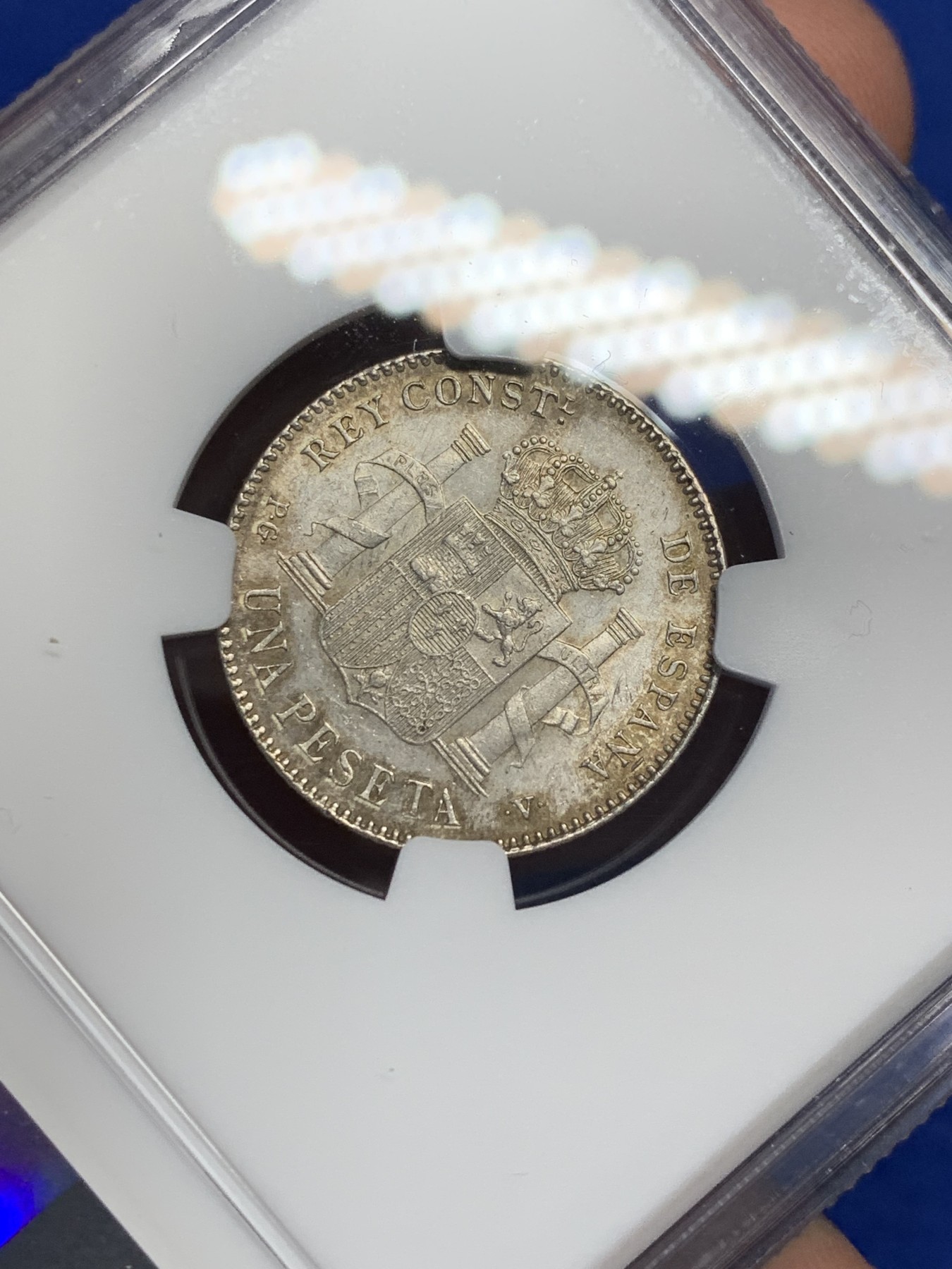 《竞宝斋》第208场-周日，周一 2场 (全场包邮) NGC MS62 西班牙1896年阿方索十三世1比塞塔银币 MS难得