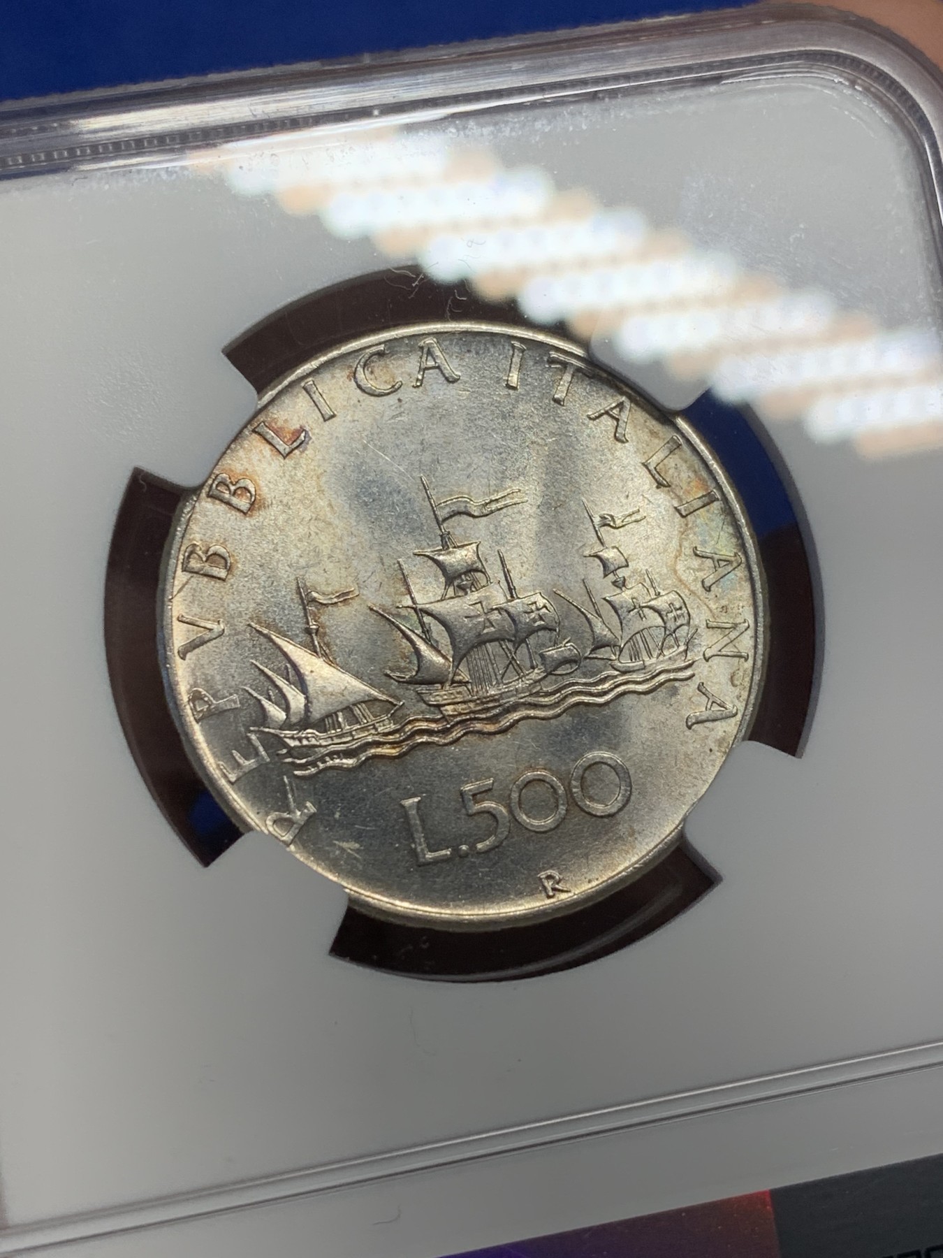 《竞宝斋》第208场-周日，周一 2场 (全场包邮) NGC MS63 意大利1958年500里拉银币 漂亮人妻带点彩 年份少见