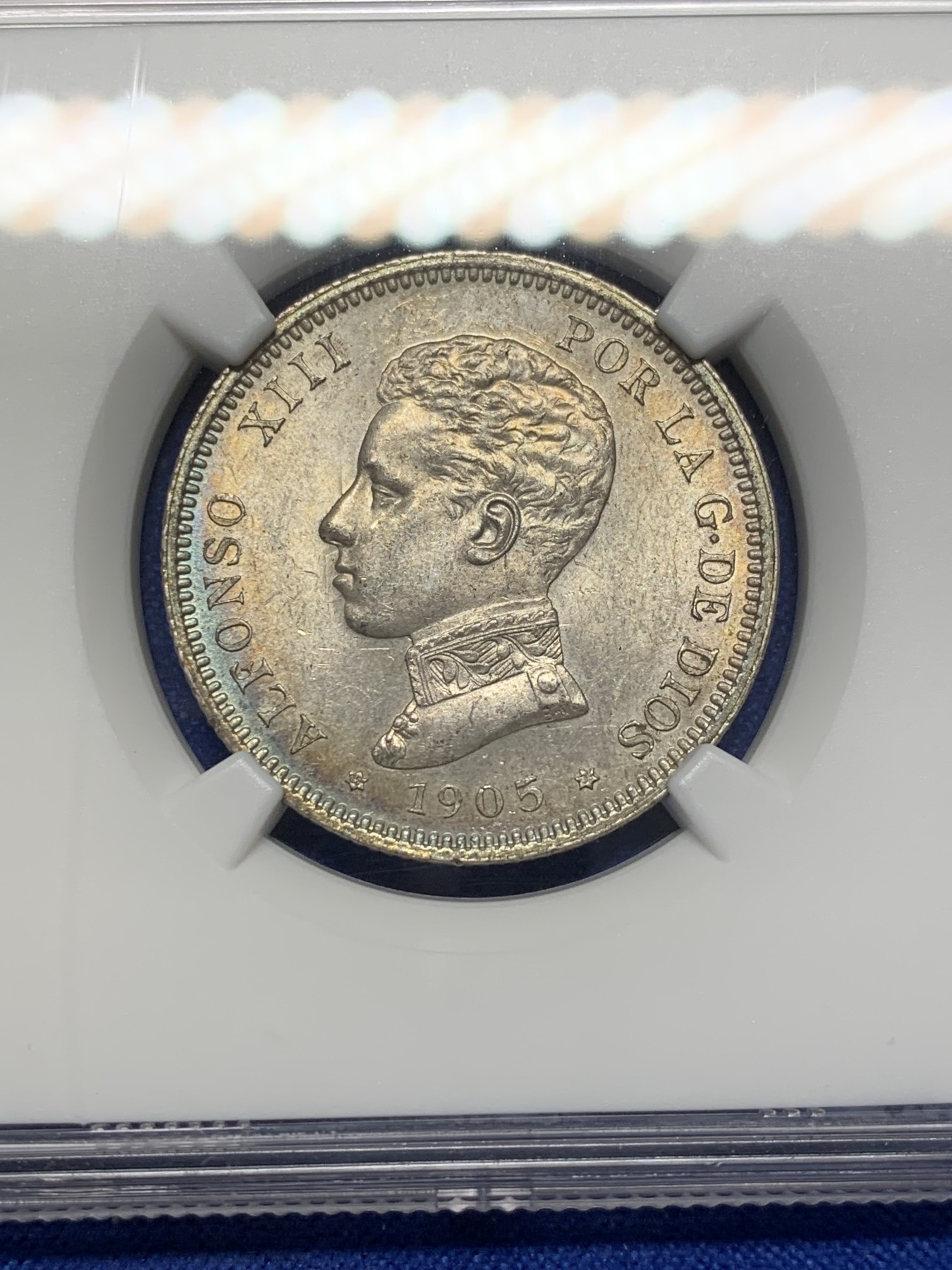 《竞宝斋》第208场-周日，周一 2场 (全场包邮) NGC-AU58 西班牙1905阿方索十三世2比塞塔银币