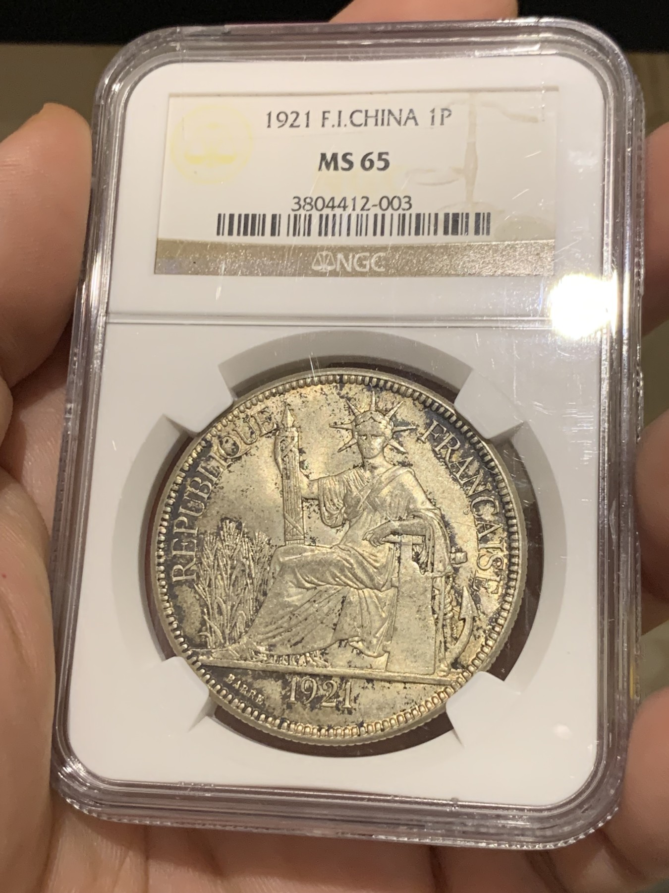 《竞宝斋》第208场-周日，周一 2场 (全场包邮) NGC MS65 法属印支1921年坐洋无字版（美国三藩厂版），车轮炫光，顶级冠军分！