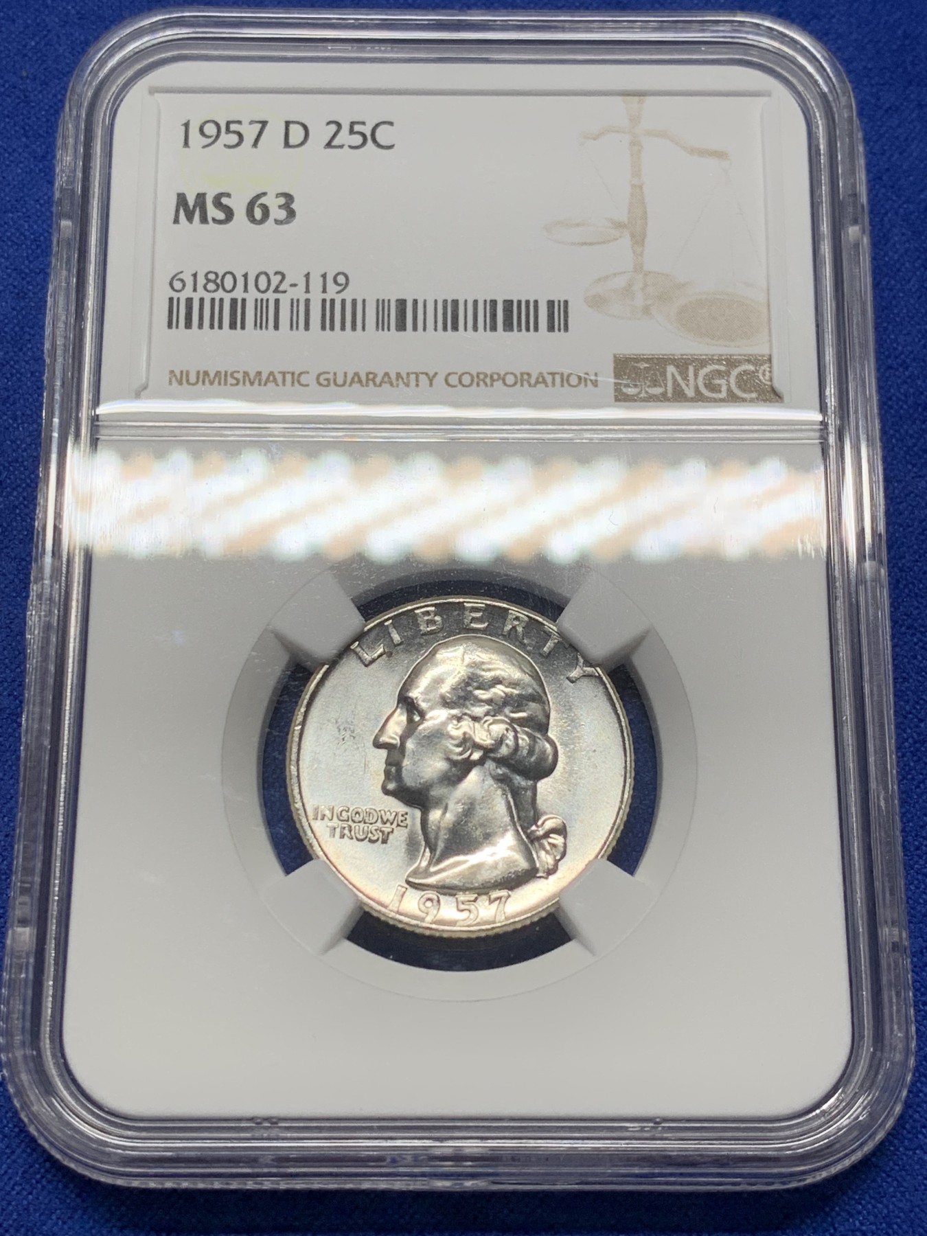 《竞宝斋》第208场-周日，周一 2场 (全场包邮) NGC-MS63  美国 1957年 25分银币 华盛顿头像  无瑕底板